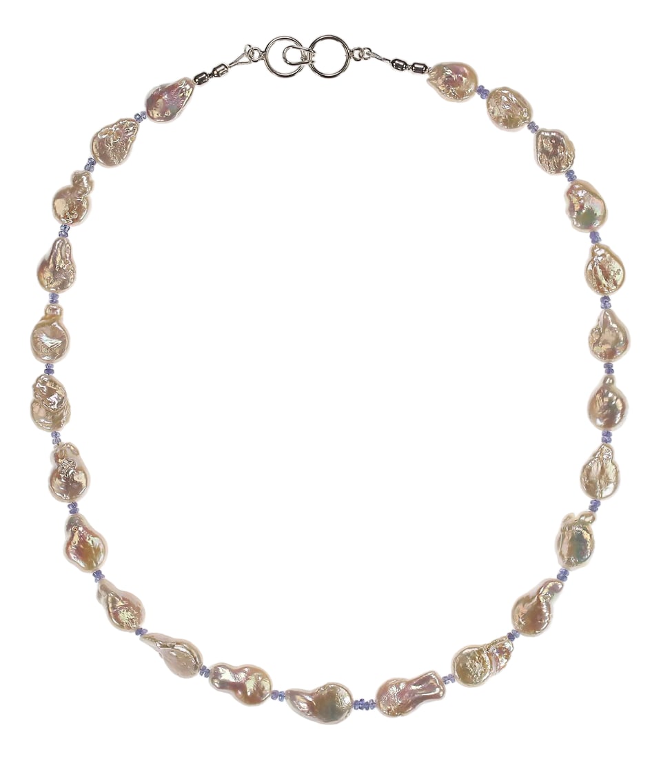 Ajd 21 Inch Flat White Keshi Pearl With Tanzanite Accents Necklace: Elegant 21-Inch Keshi Pearl & Tanzanite Necklace A graceful blend of natural beauty and refined craftsmanship, this 21-inch necklace showcases luminous flat white Keshi pearls with a captivating