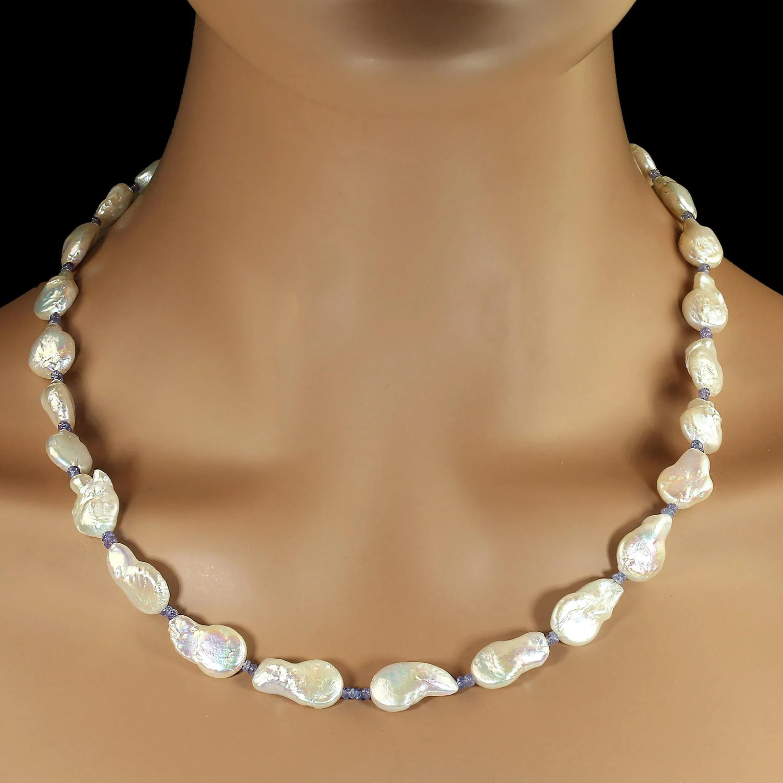 Ajd 21 Inch Flat White Keshi Pearl With Tanzanite Accents Necklace - 3