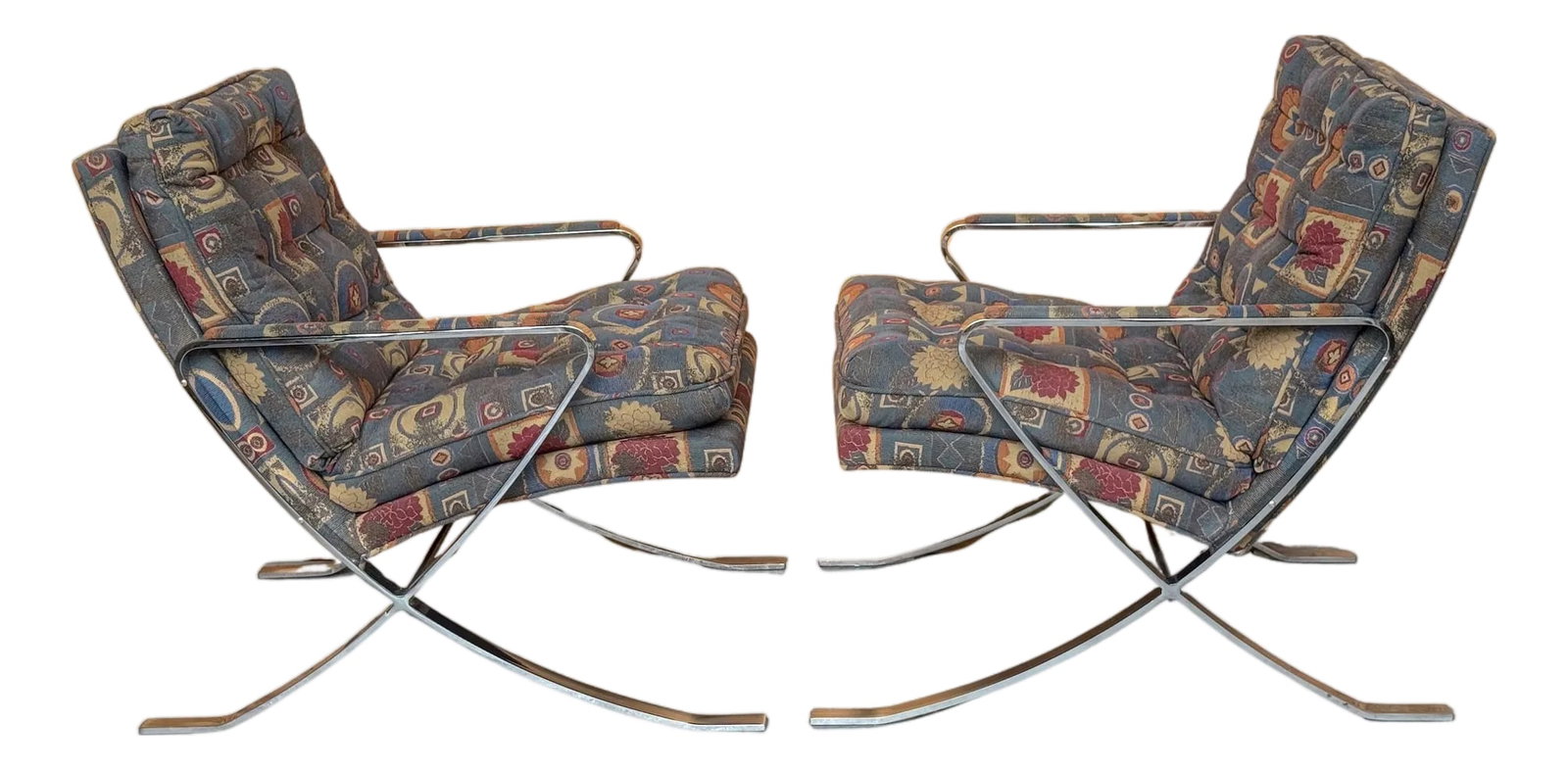 Pair of Mid-Century Modern Chrome X-Base Lounge Chairs, Bernhardt, Circa 1970s: Pair of Mid-Century Modern Chrome X-Base Lounge Chairs, Bernhardt, Circa 1970s This rare pair of Mid-Century Modern lounge chairs dates to the 1970s and blends the influences of two design