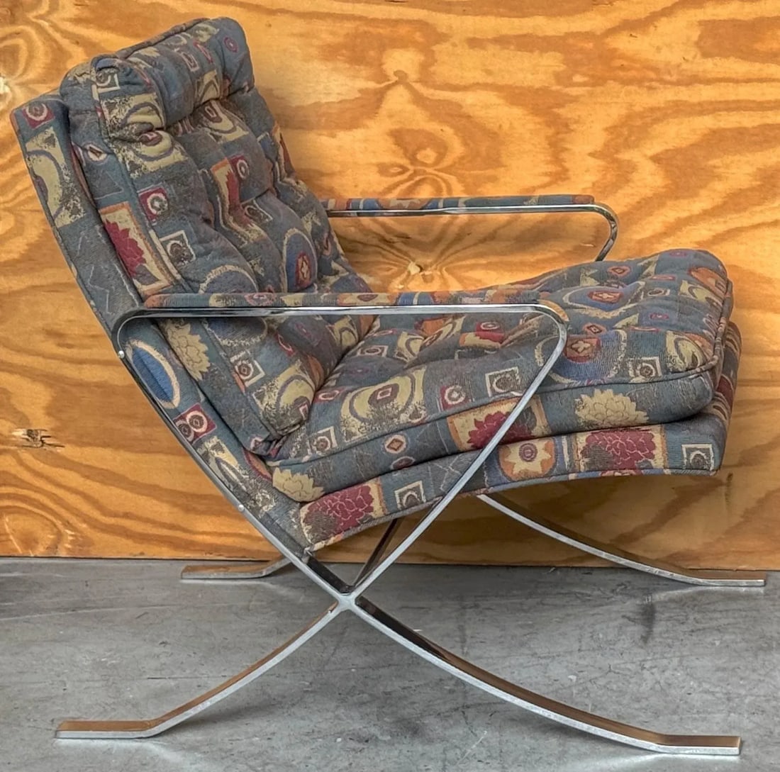 Pair of Mid-Century Modern Chrome X-Base Lounge Chairs, Bernhardt, Circa 1970s - 8