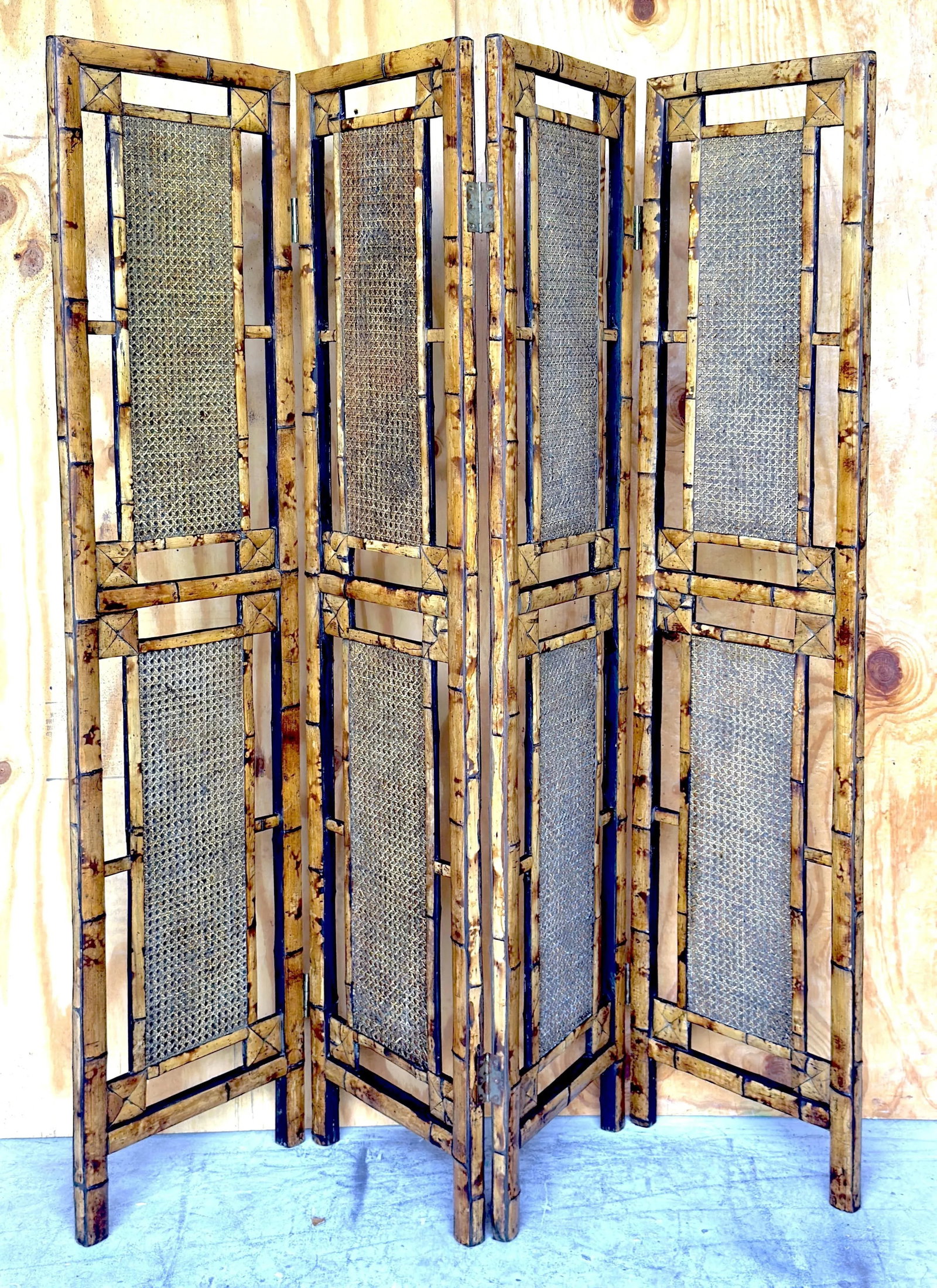 Architectural Four-Panel Faux Bamboo and Rattan Room Divider, 1970s - 4