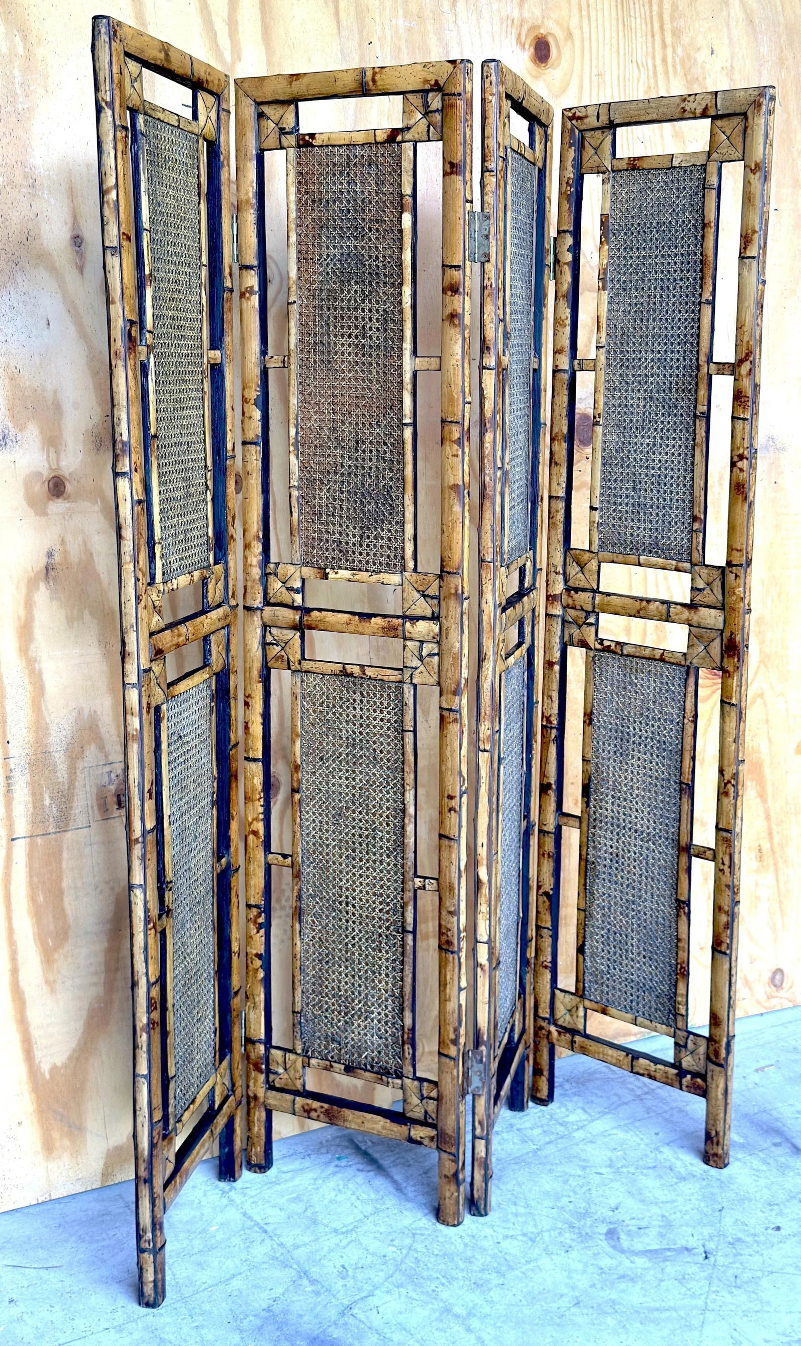 Architectural Four-Panel Faux Bamboo and Rattan Room Divider, 1970s - 9