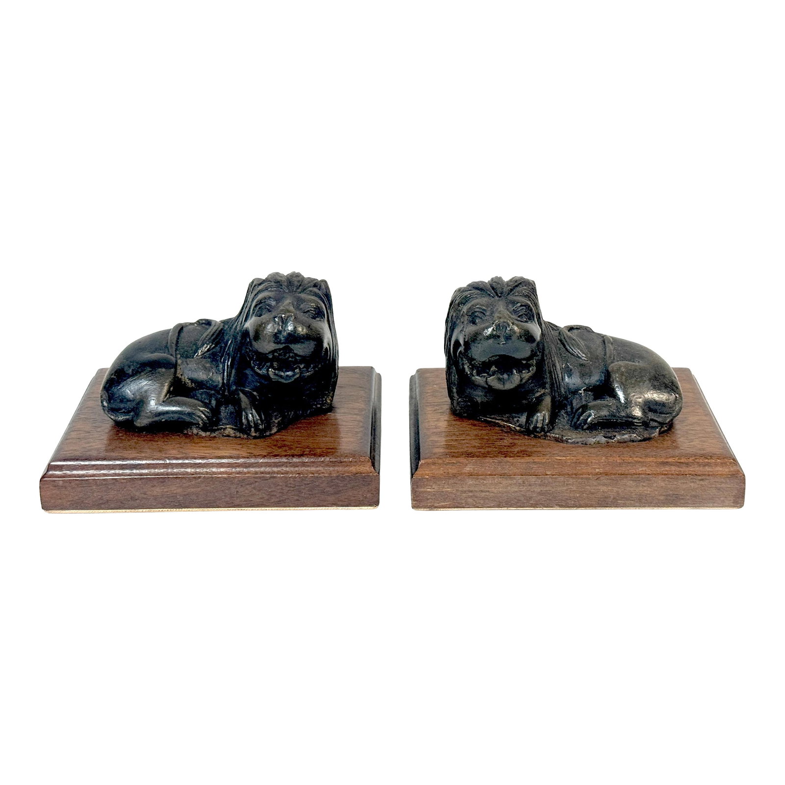 Pair 19th Century or Older Century Indian Carved Stone Lions on Custom Bases: Pair of 19th Century or Older Indian Carved Stone Lions on Custom Wooden Bases 4 Pieces, Stone Lions, 2 Custom Hardwood Bases A charming and unusual pair of 19th-century or older hand-carved stone lio