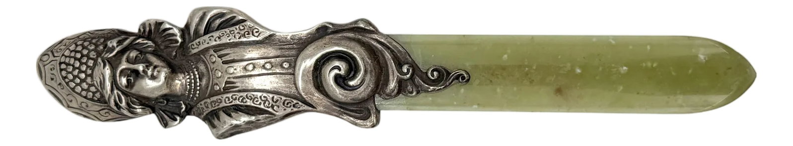 Imperial Russian Silver Kokoshnik Maiden & Nephrite Page Turner, Marked "BA": Imperial Russian Silver & Nephrite Page Turner with Kokoshnik Maiden, Marked "BA," Moscow, circa 1890–1910 A rare and luxurious Imperial Russian page turner, masterfully combining hand-chased