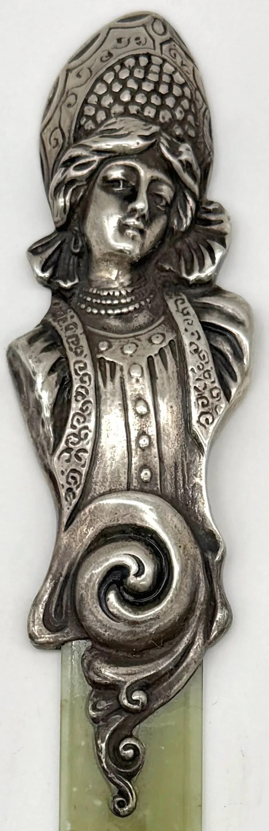 Imperial Russian Silver Kokoshnik Maiden & Nephrite Page Turner, Marked "BA" - 6