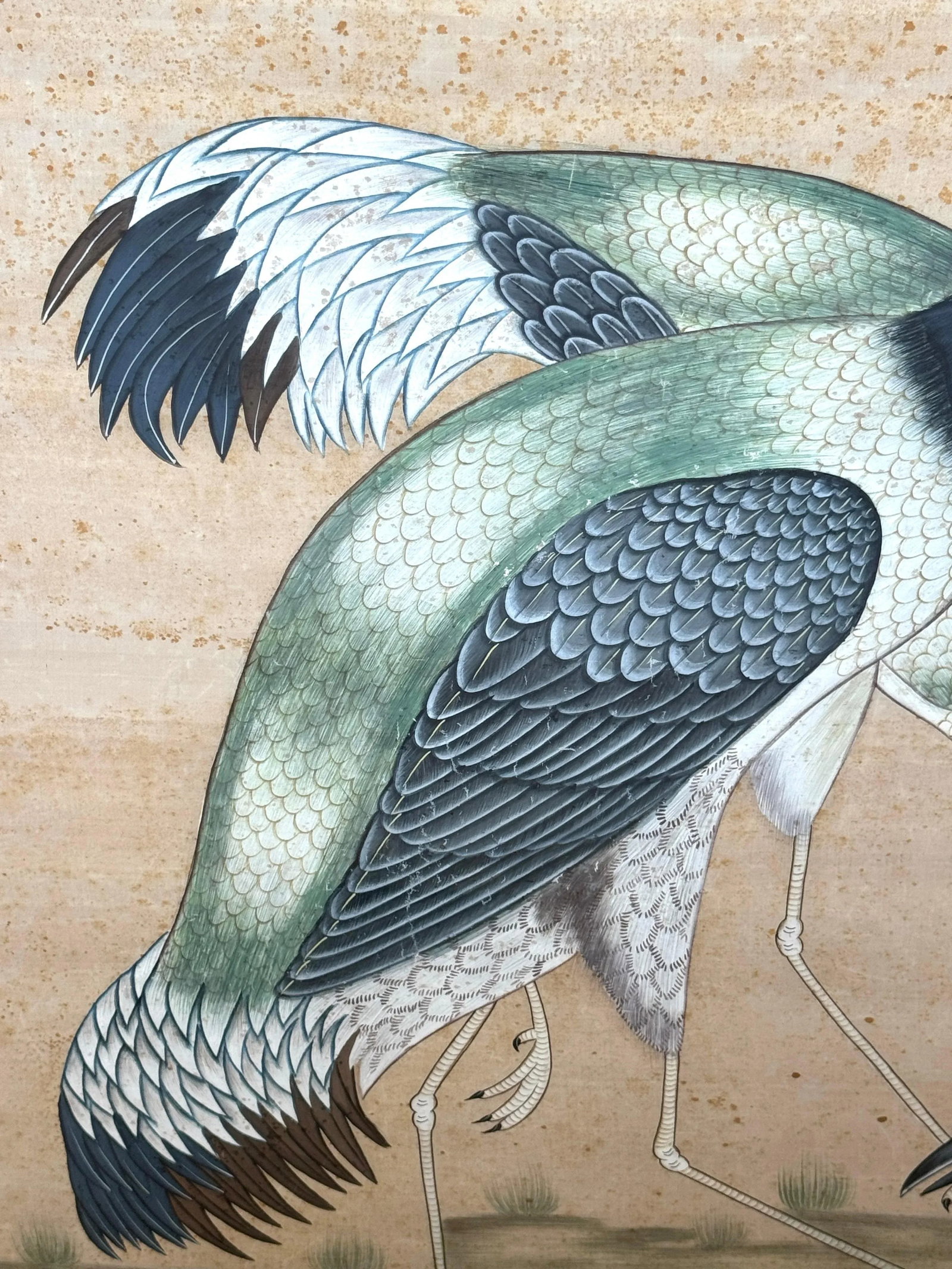 Large Chinese Hand-Painted Silk Scroll of Two Blue Cranes, Mid Century - 11
