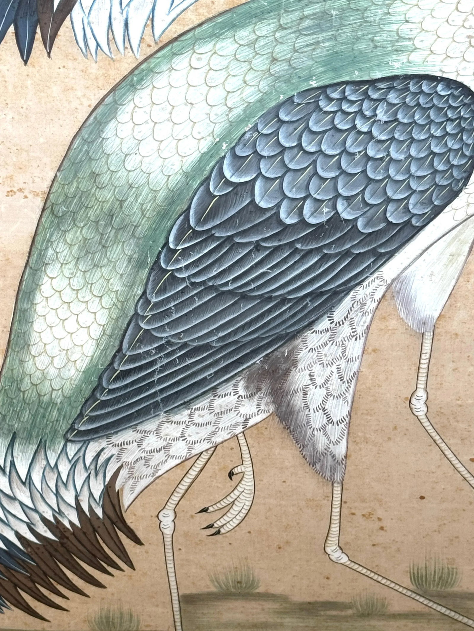 Large Chinese Hand-Painted Silk Scroll of Two Blue Cranes, Mid Century - 12