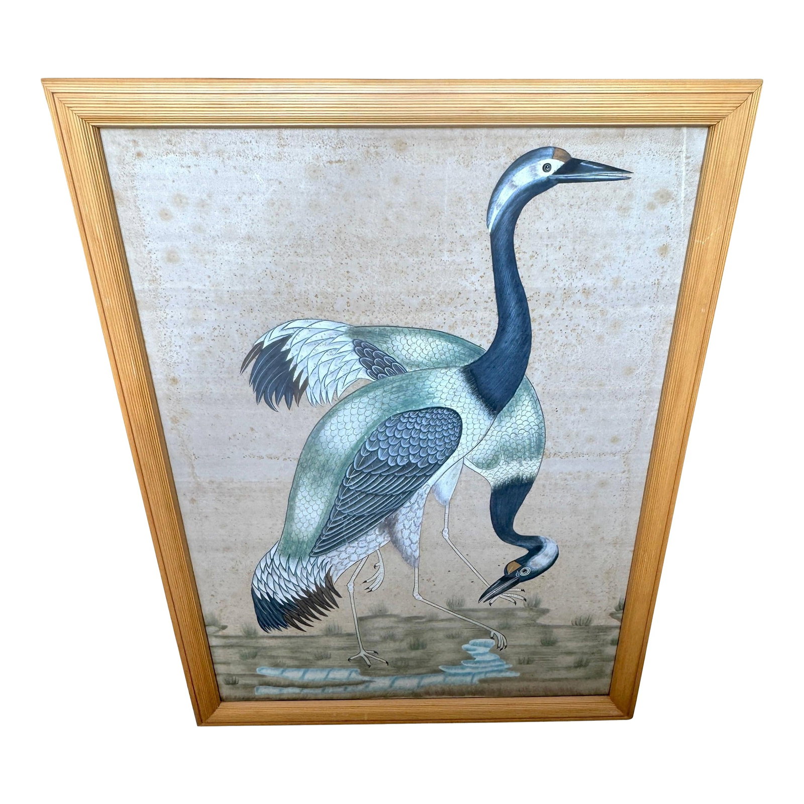 Large Chinese Hand-Painted Silk Scroll of Two Blue Cranes, Mid Century: Large Chinese Hand-Painted Silk Scroll of Two Blue Cranes, Mid-20th Century Dimensions: Framed: 48" H × 37" W × 1.5" D Sight: 44" H × 32" W A striking hand-painted Chinese silk scroll