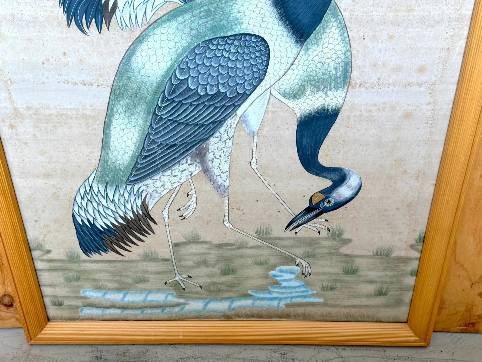 Large Chinese Hand-Painted Silk Scroll of Two Blue Cranes, Mid Century - 3