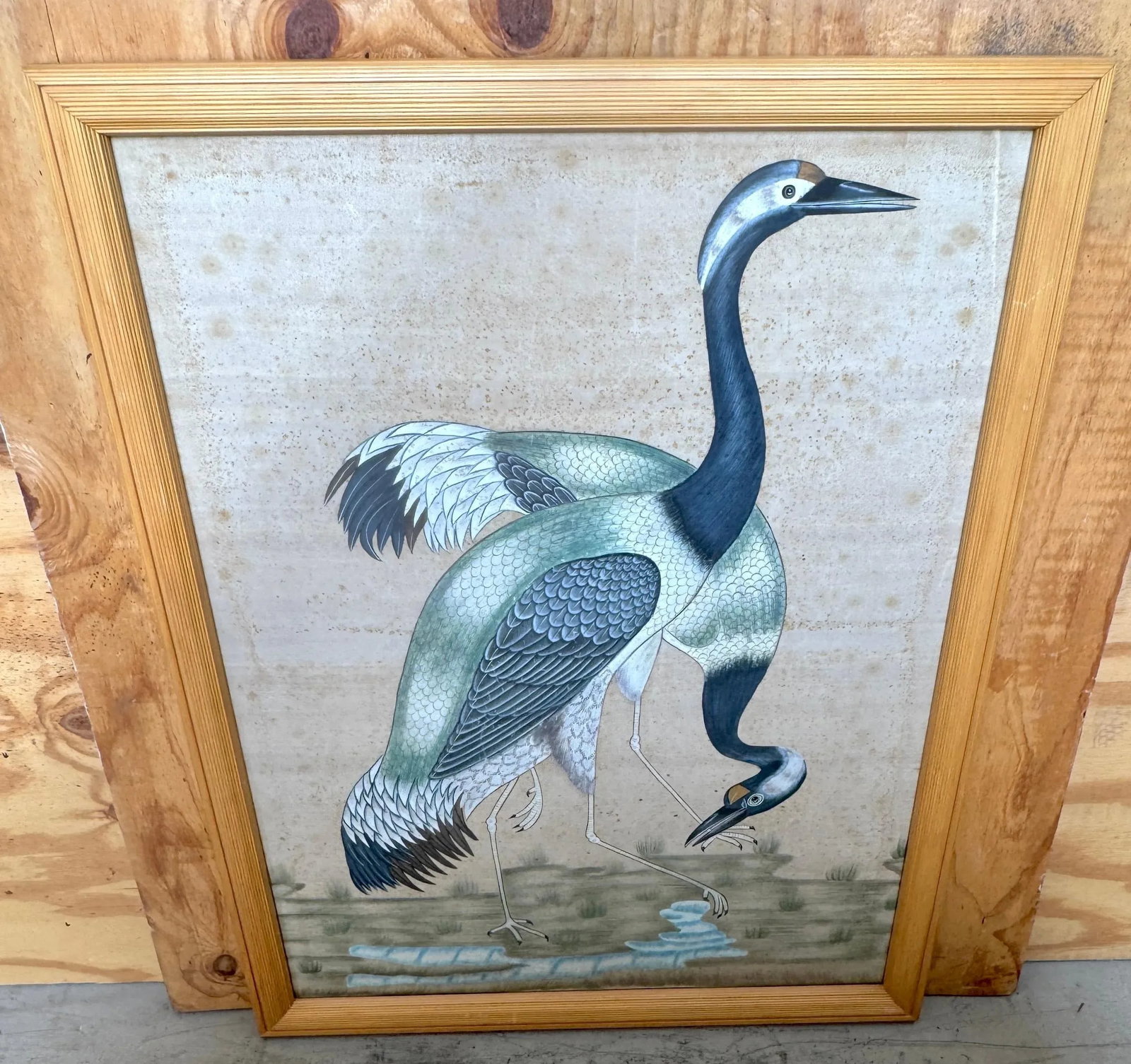 Large Chinese Hand-Painted Silk Scroll of Two Blue Cranes, Mid Century - 5