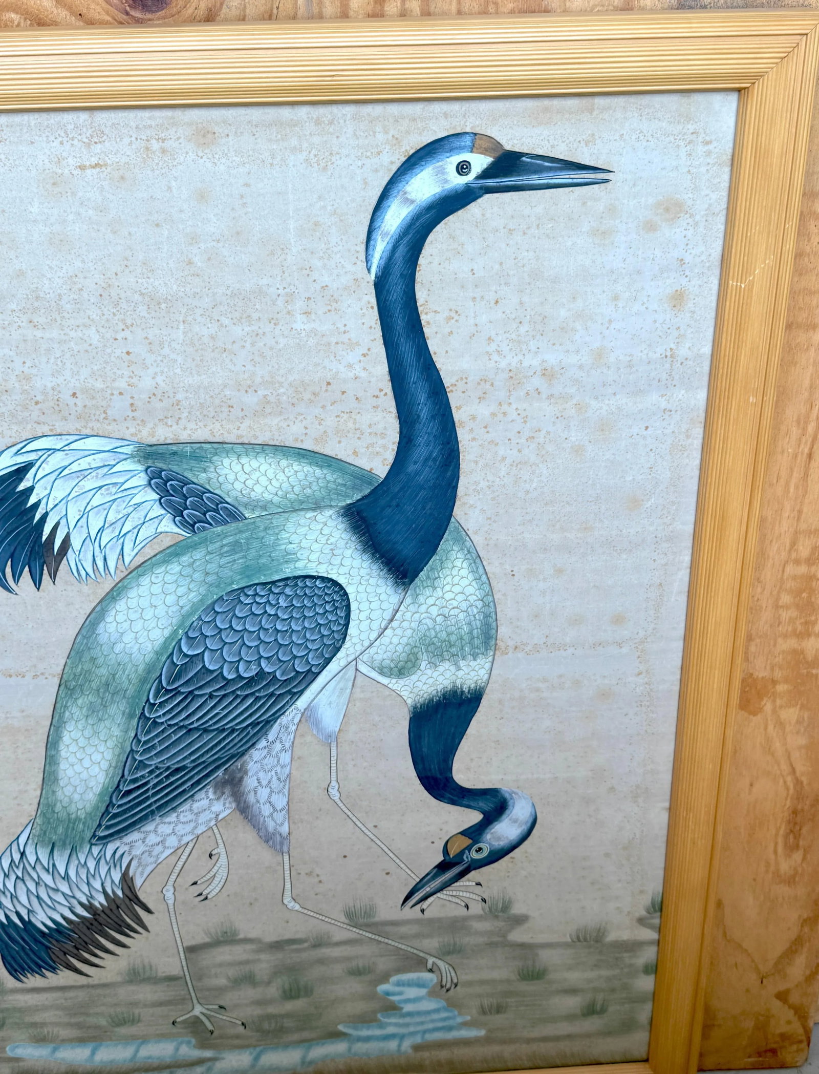 Large Chinese Hand-Painted Silk Scroll of Two Blue Cranes, Mid Century - 6