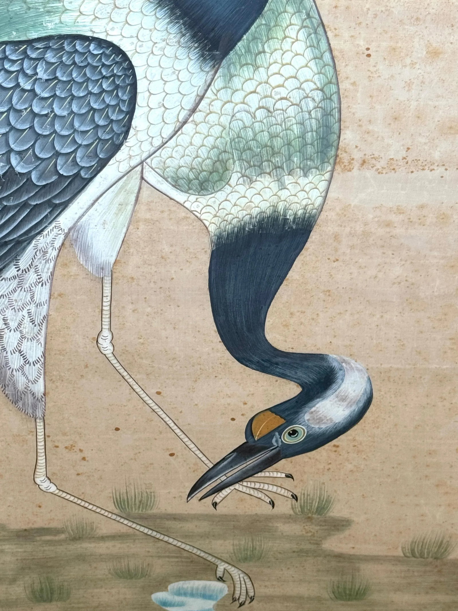 Large Chinese Hand-Painted Silk Scroll of Two Blue Cranes, Mid Century - 9
