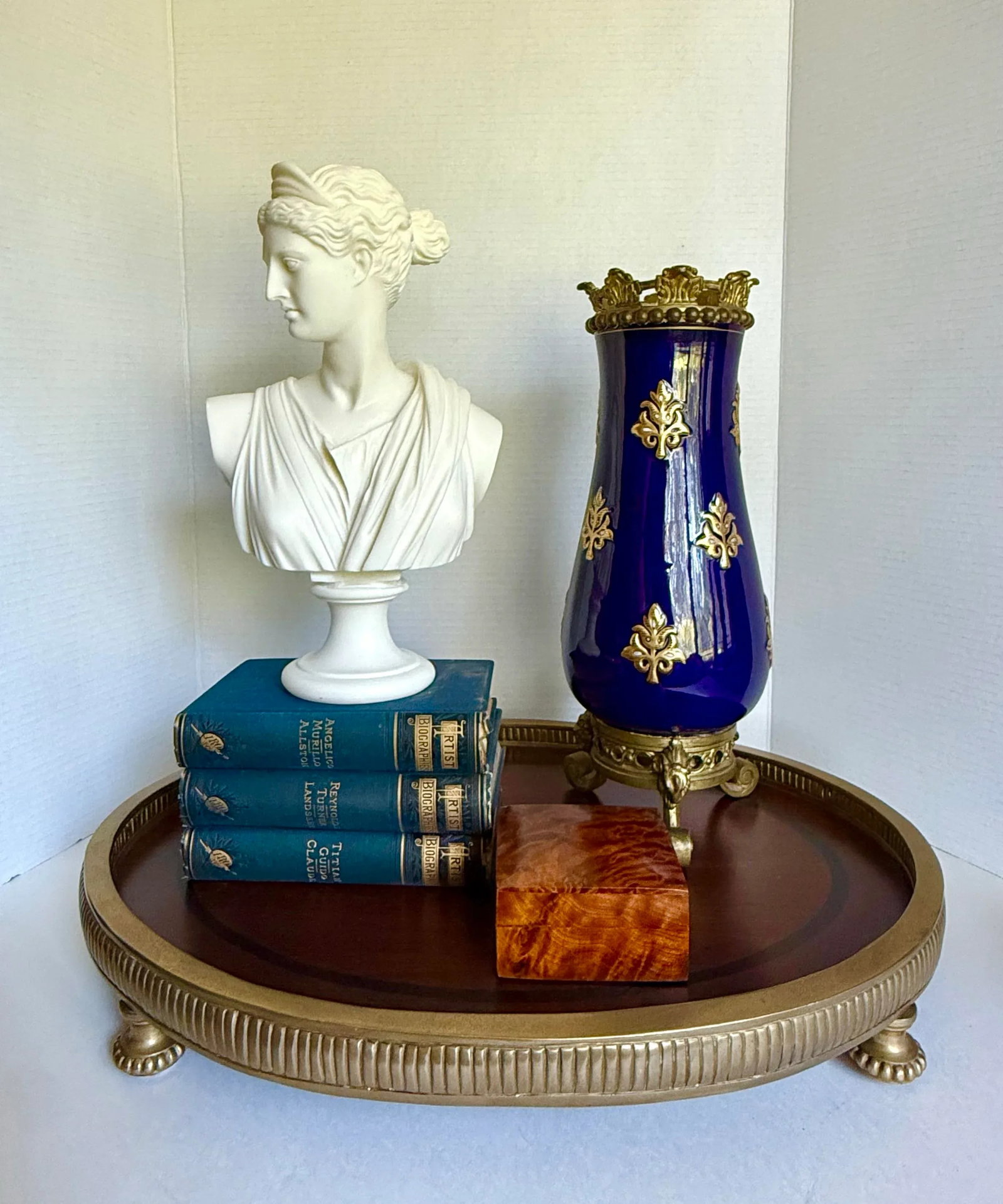 Traditional Neoclassical Oval Wood and Brass Footed Tray - 11