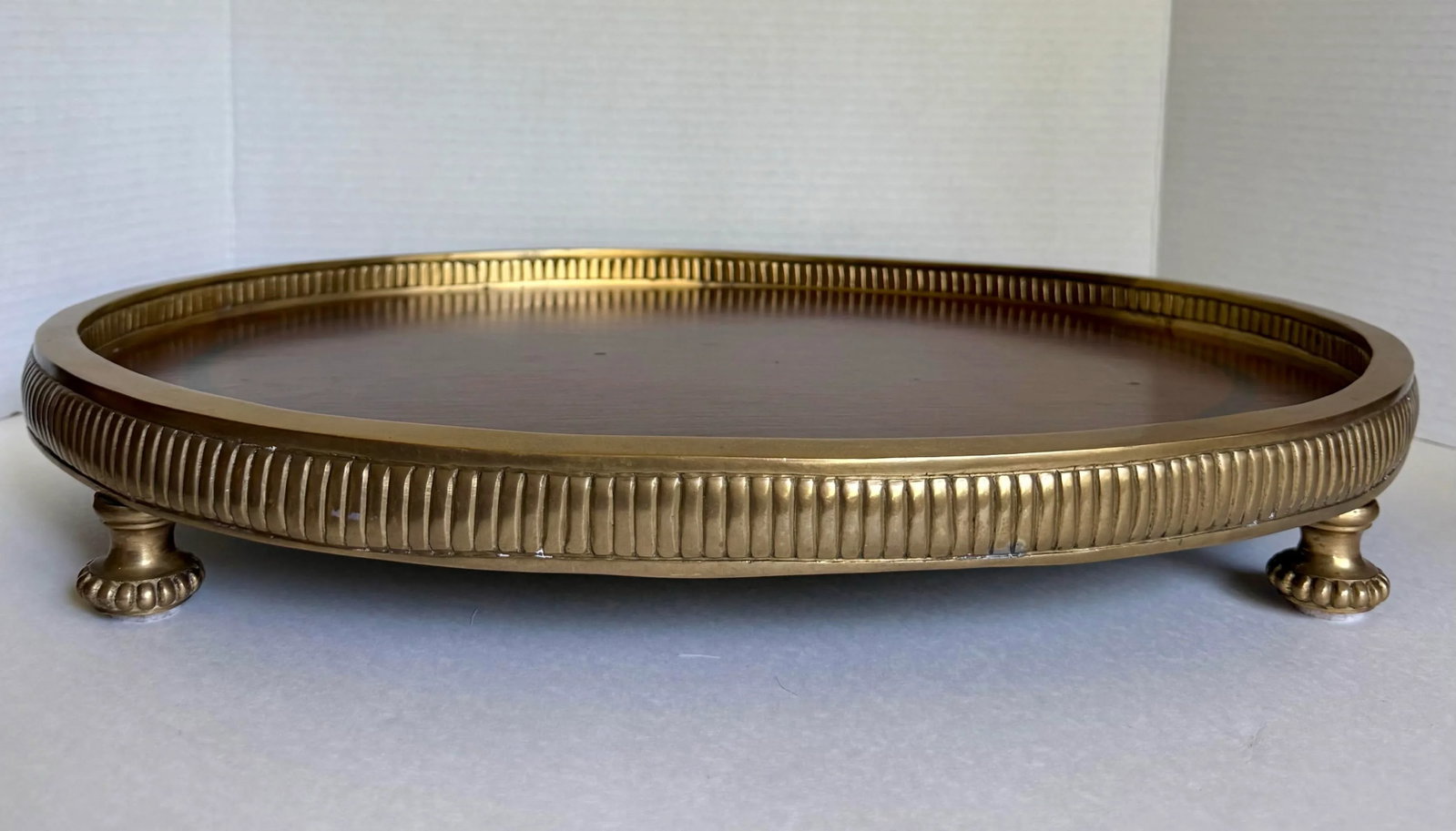 Traditional Neoclassical Oval Wood and Brass Footed Tray - 2