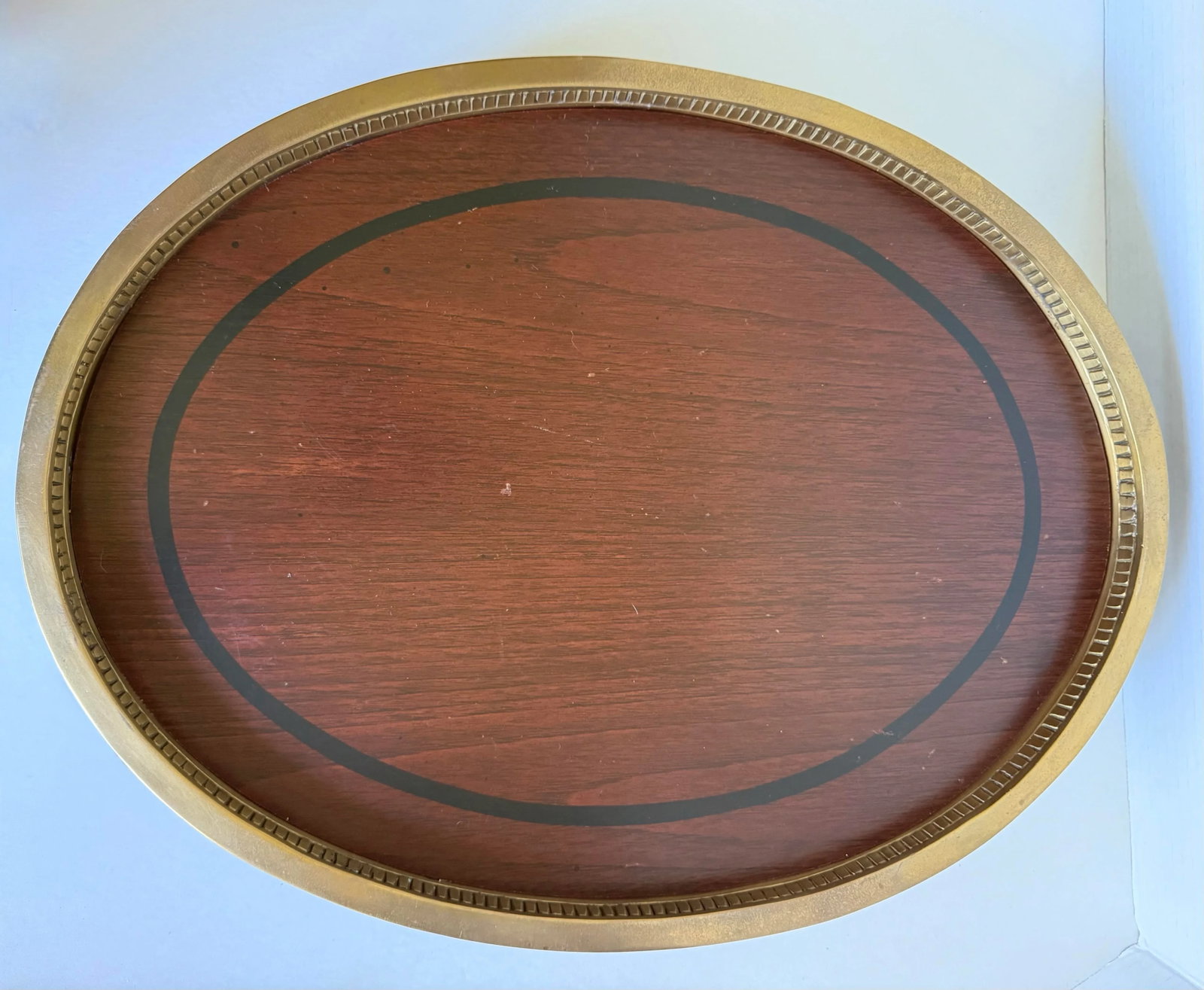 Traditional Neoclassical Oval Wood and Brass Footed Tray - 3