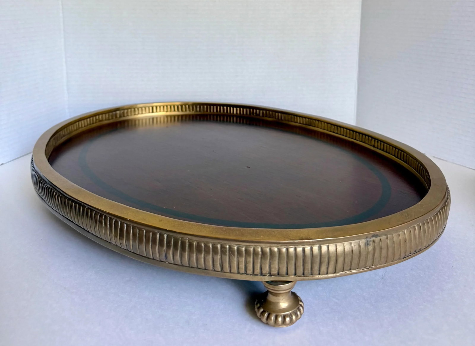Traditional Neoclassical Oval Wood and Brass Footed Tray - 4