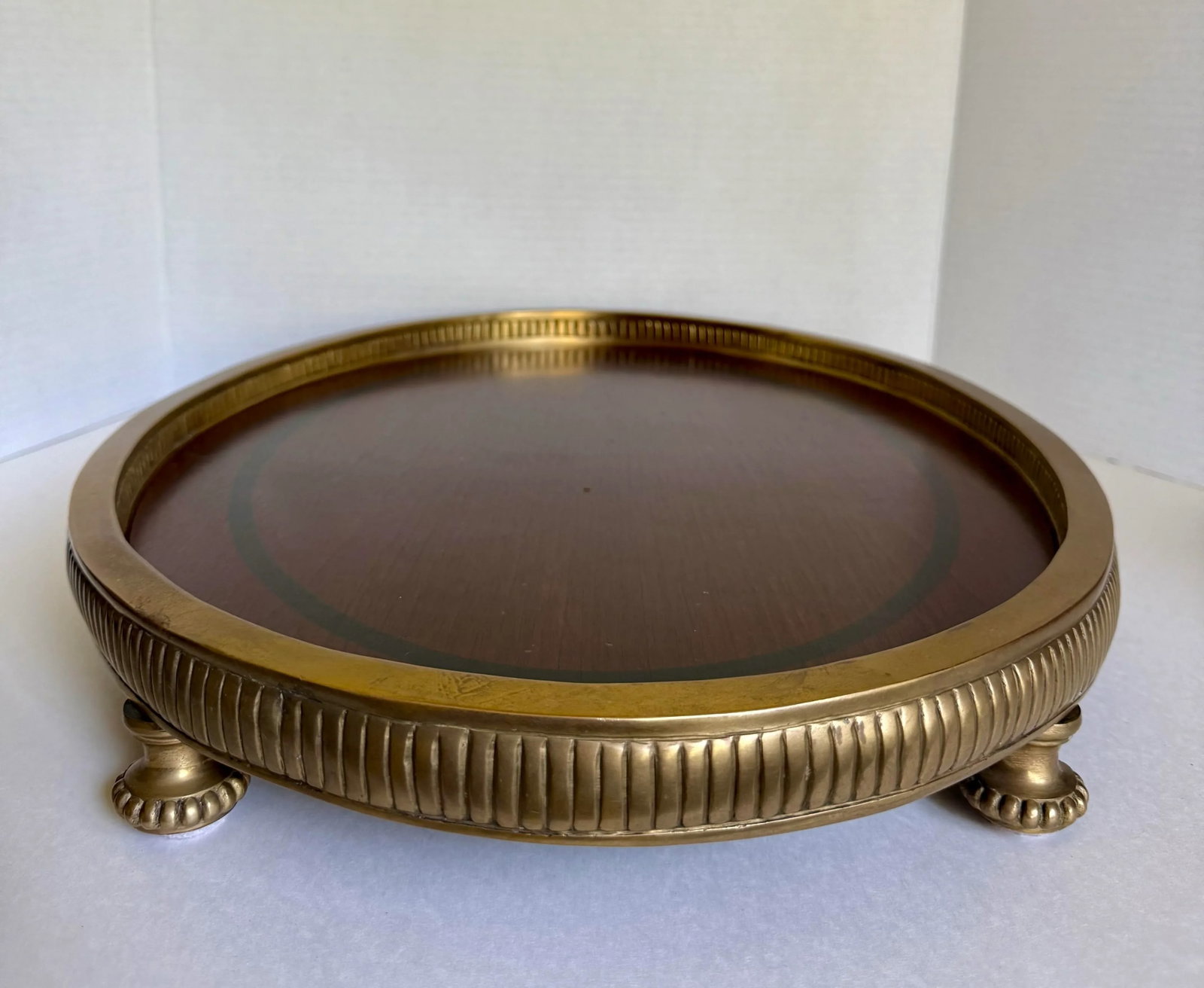 Traditional Neoclassical Oval Wood and Brass Footed Tray - 5