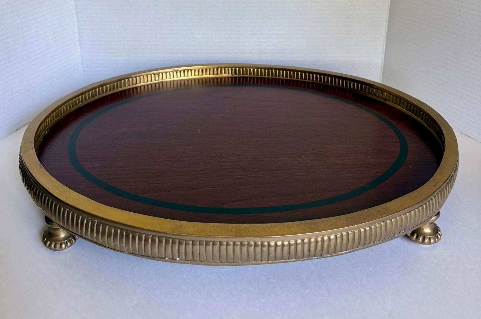 Traditional Neoclassical Oval Wood and Brass Footed Tray - 6