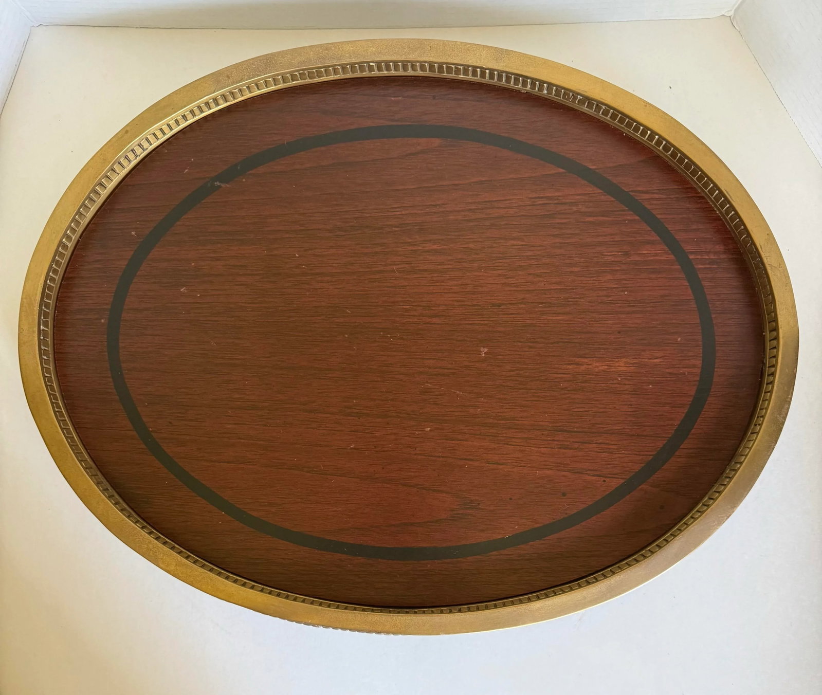 Traditional Neoclassical Oval Wood and Brass Footed Tray - 8