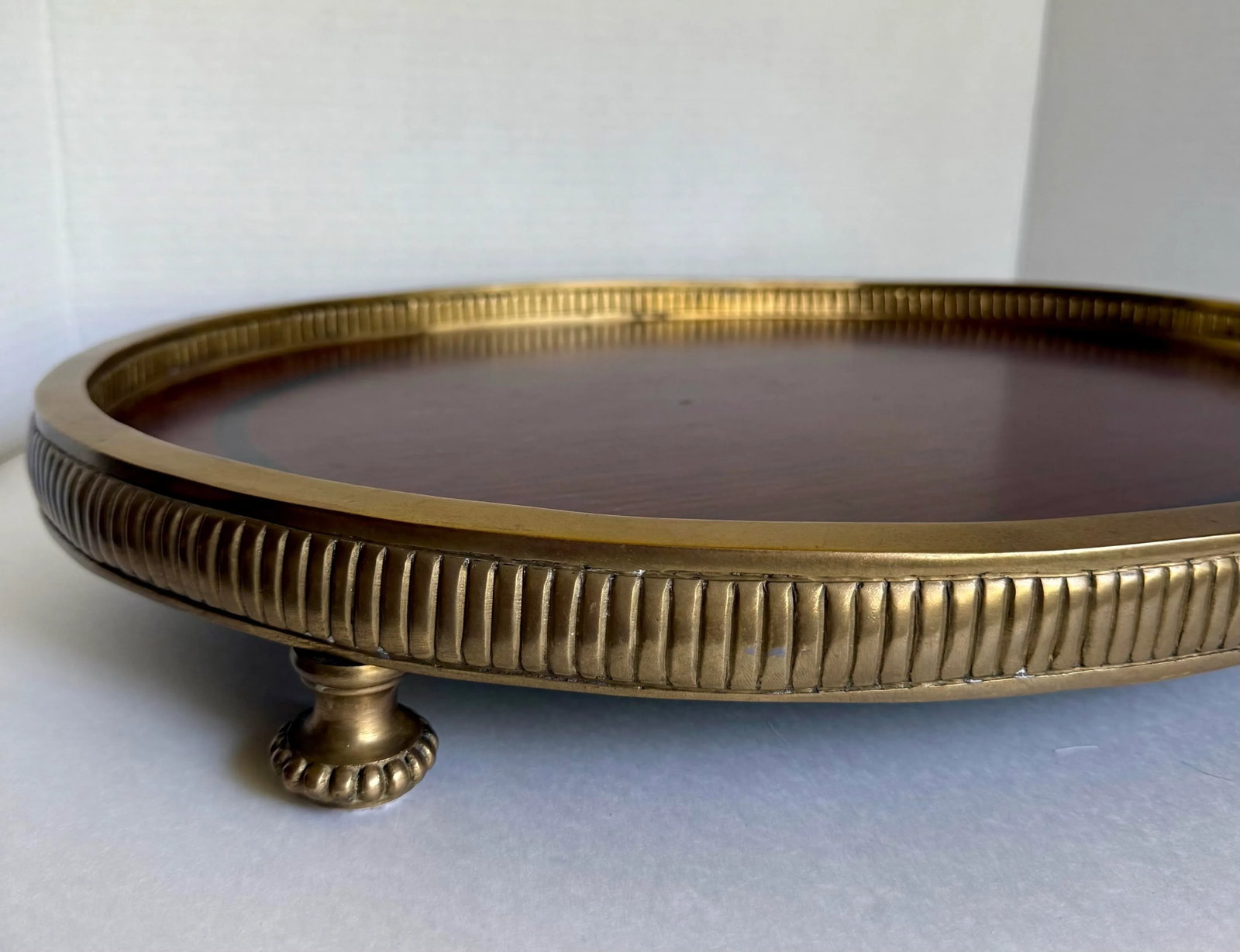 Traditional Neoclassical Oval Wood and Brass Footed Tray - 9