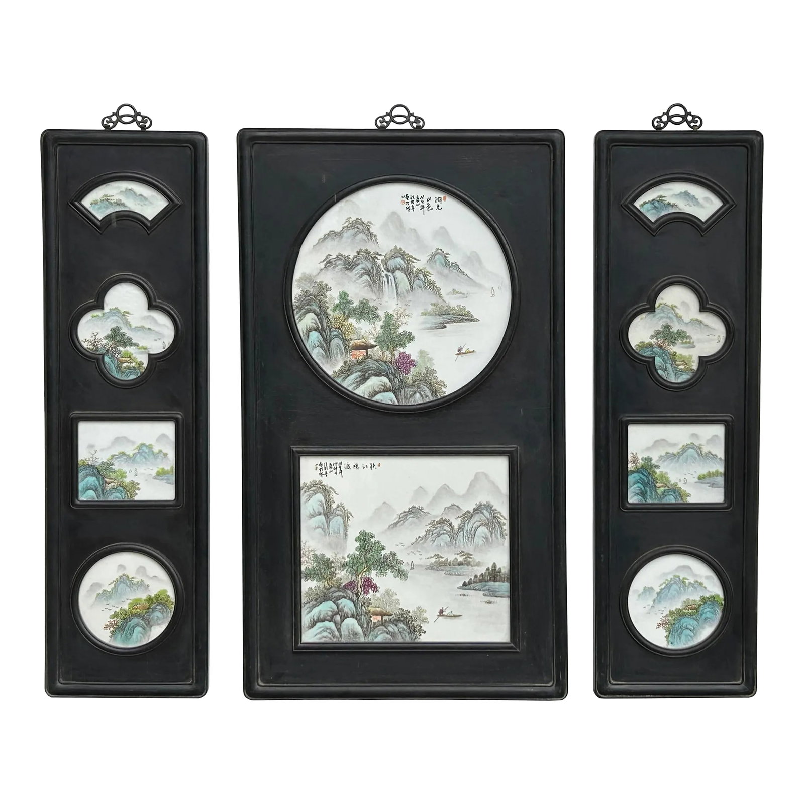 Chinese Mountain River Porcelain Painting Wall Panel 3 Pieces Set: Discover an exquisite set of antique Chinese porcelain panels, featuring stunning hand-painted landscapes with misty mountains, serene rivers, and traditional boats. Crafted with intricate details