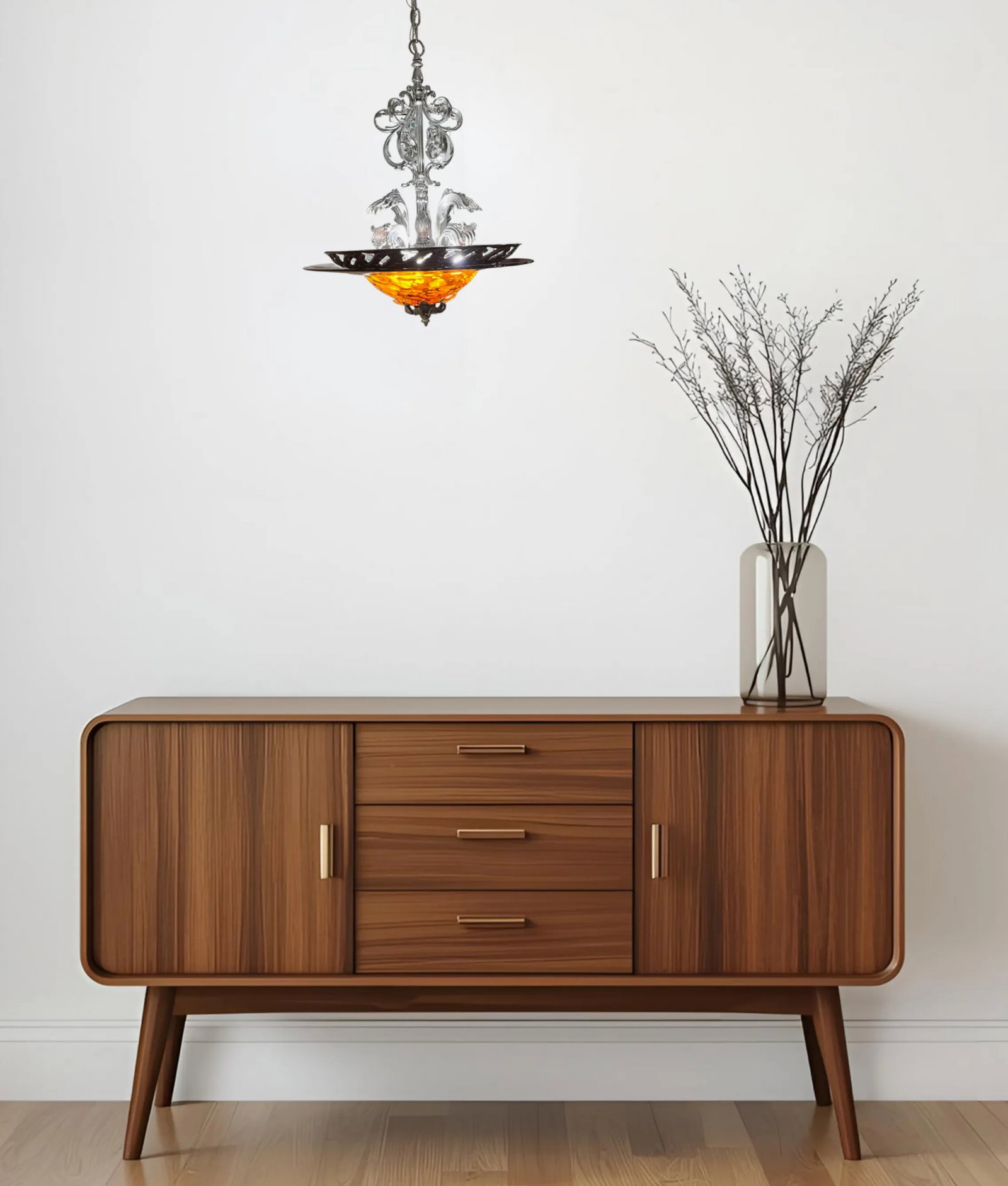 Chrome Tone Scroll Metal 3 Light Chandelier With Tortoise Shell Murano Style Asymmetrical Glass Shad - 11