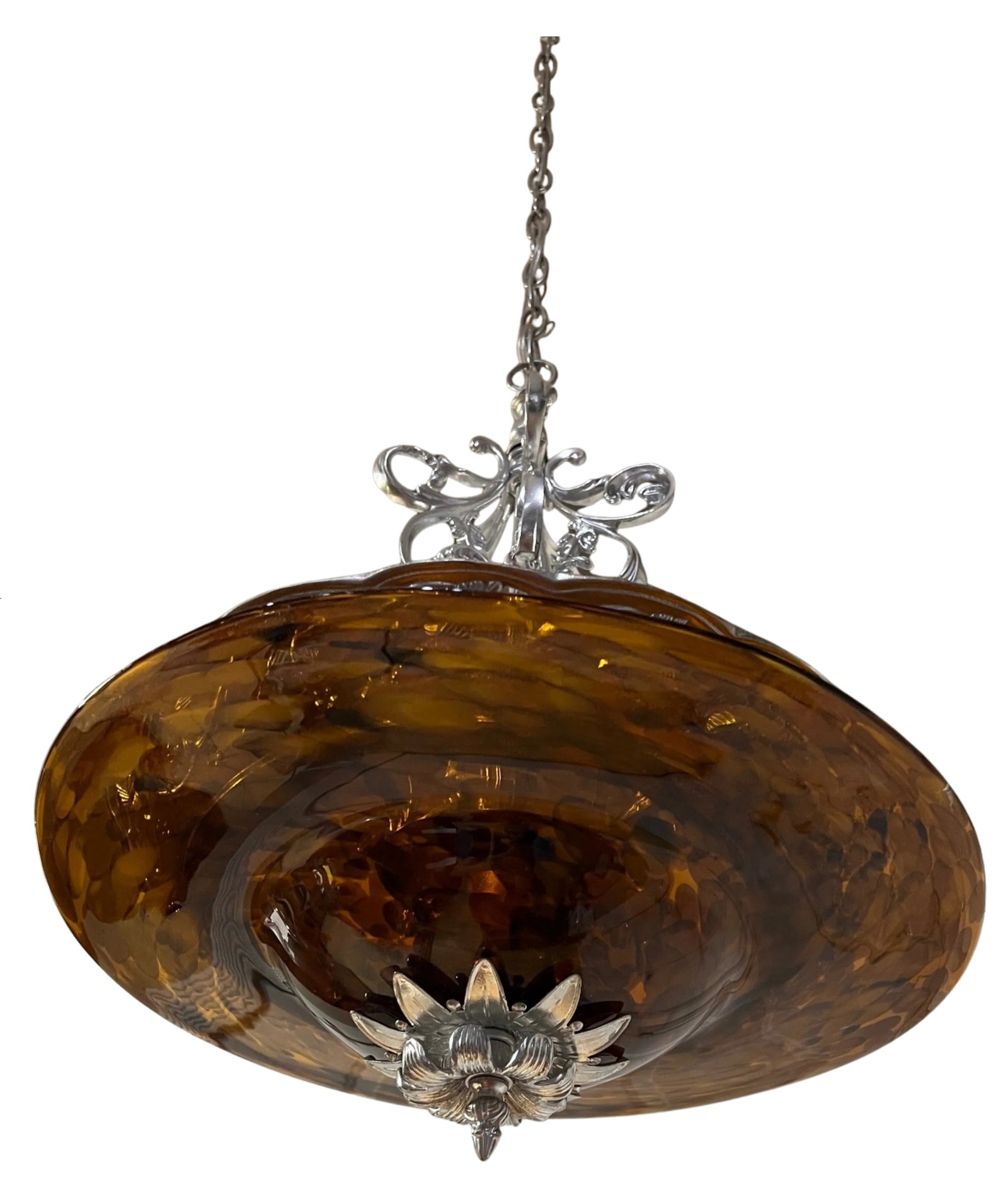 Chrome Tone Scroll Metal 3 Light Chandelier With Tortoise Shell Murano Style Asymmetrical Glass Shad - 12