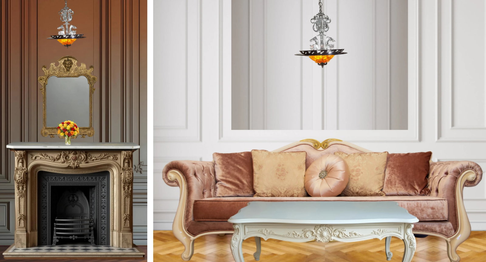 Chrome Tone Scroll Metal 3 Light Chandelier With Tortoise Shell Murano Style Asymmetrical Glass Shad - 13