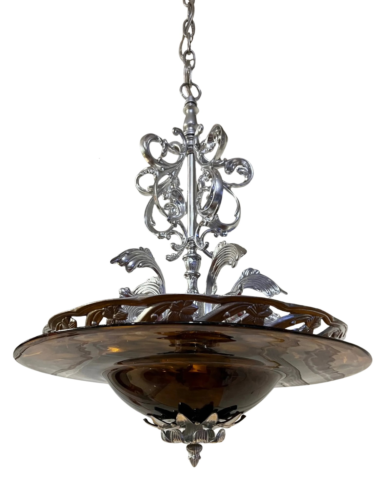 Chrome Tone Scroll Metal 3 Light Chandelier With Tortoise Shell Murano Style Asymmetrical Glass Shad - 14
