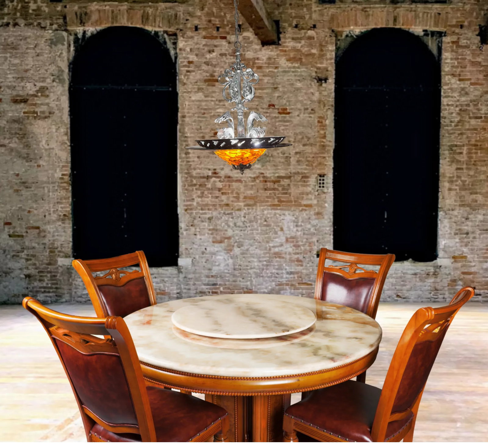 Chrome Tone Scroll Metal 3 Light Chandelier With Tortoise Shell Murano Style Asymmetrical Glass Shad - 15