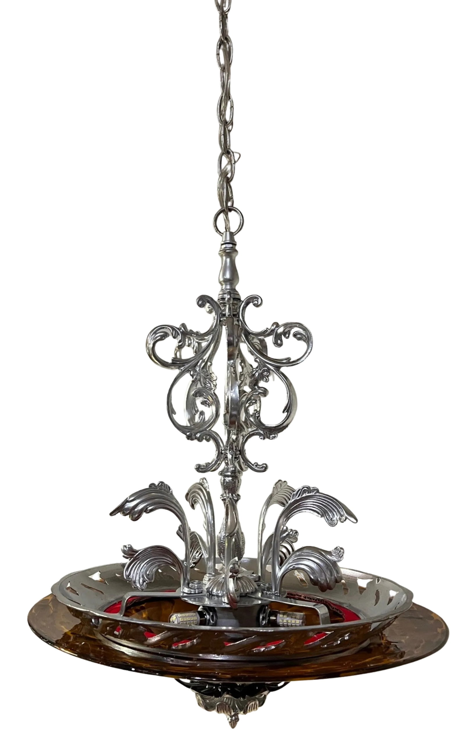 Chrome Tone Scroll Metal 3 Light Chandelier With Tortoise Shell Murano Style Asymmetrical Glass Shad - 16