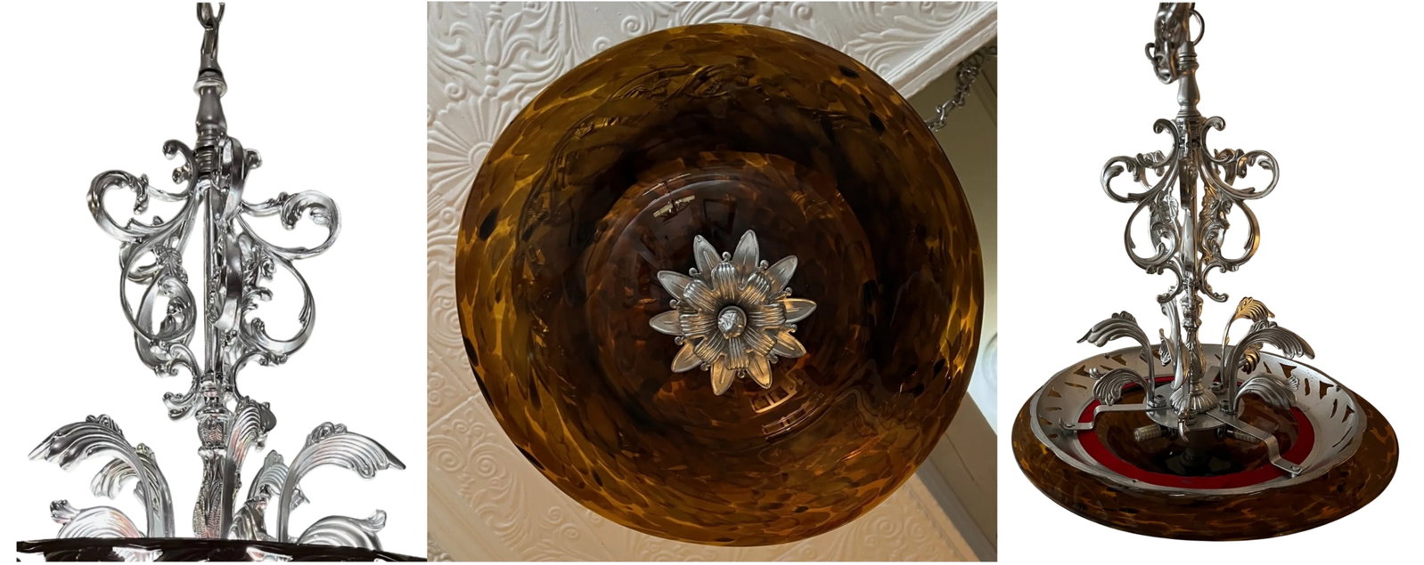 Chrome Tone Scroll Metal 3 Light Chandelier With Tortoise Shell Murano Style Asymmetrical Glass Shad - 17