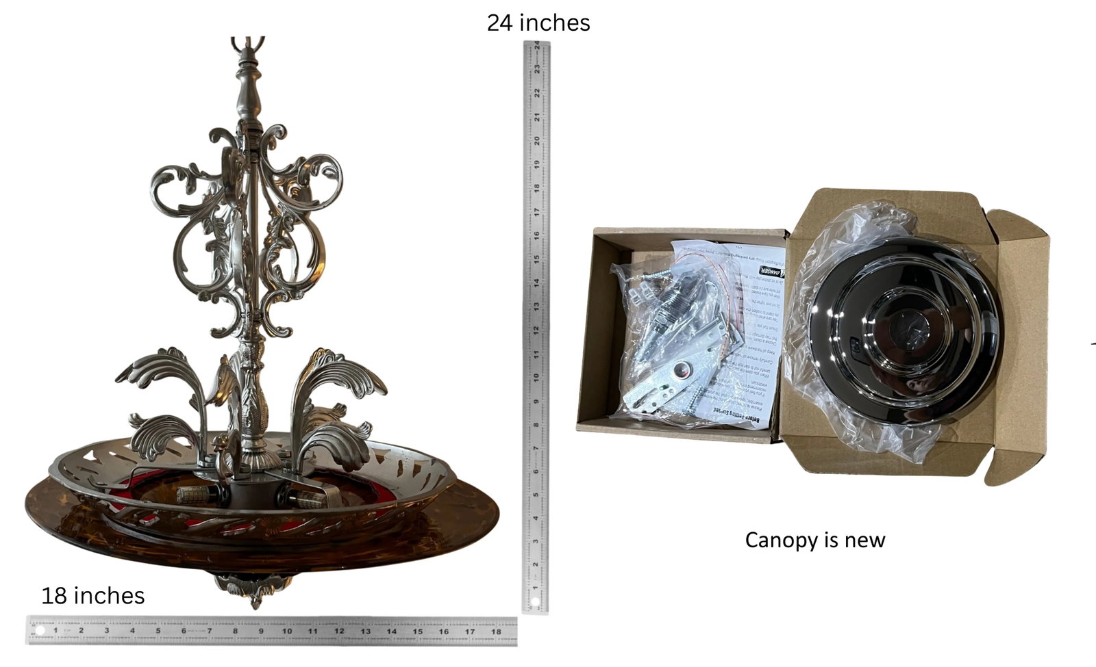 Chrome Tone Scroll Metal 3 Light Chandelier With Tortoise Shell Murano Style Asymmetrical Glass Shad - 18