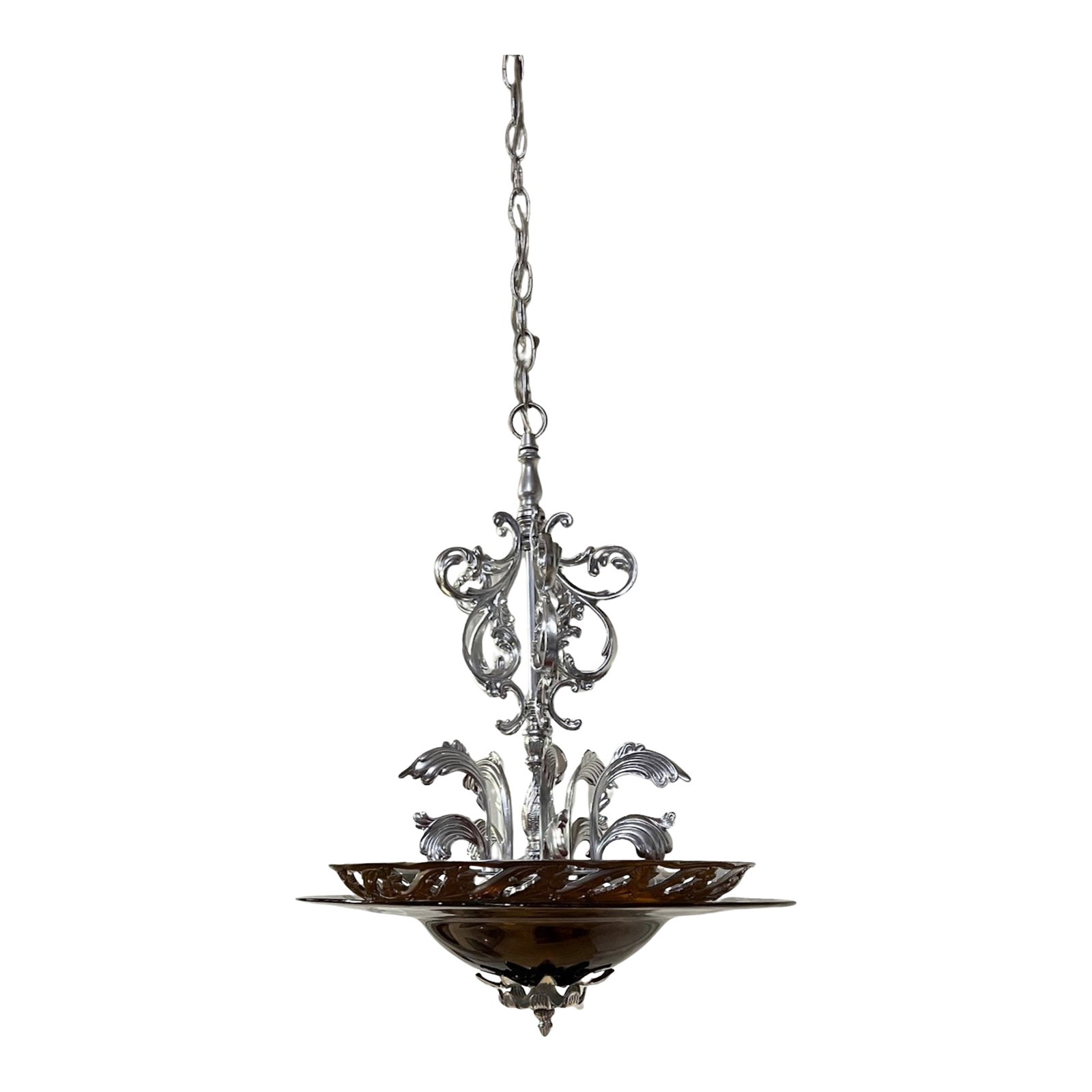 Chrome Tone Scroll Metal 3 Light Chandelier With Tortoise Shell Murano Style Asymmetrical Glass Shad: This three light chandelier is a unique composition, thoughtfully assembled from vintage lamp parts and a hand-blown asymmetrical hat shaped glass shade measuring approximately 18 inches wide. The chr