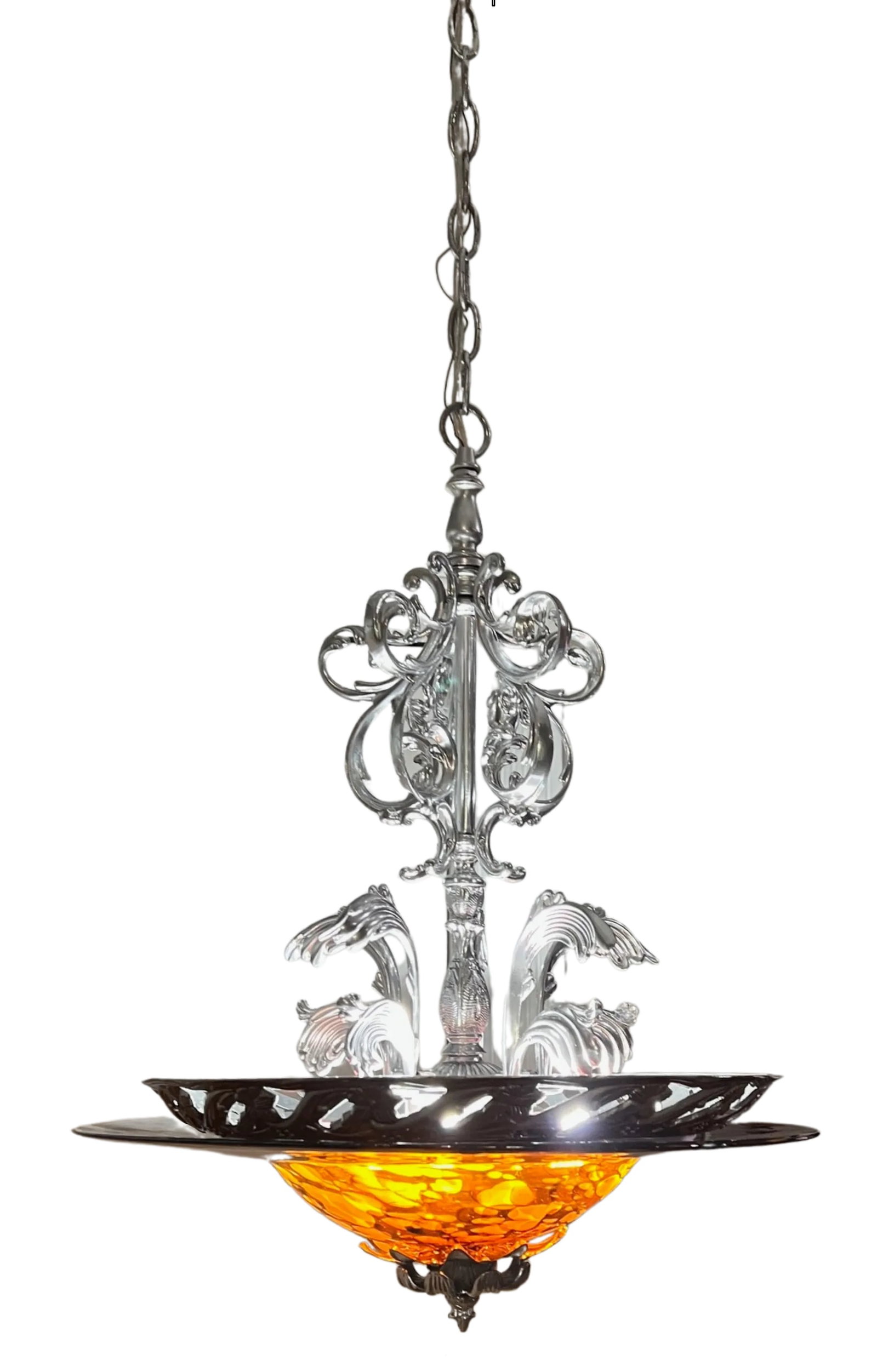 Chrome Tone Scroll Metal 3 Light Chandelier With Tortoise Shell Murano Style Asymmetrical Glass Shad - 2