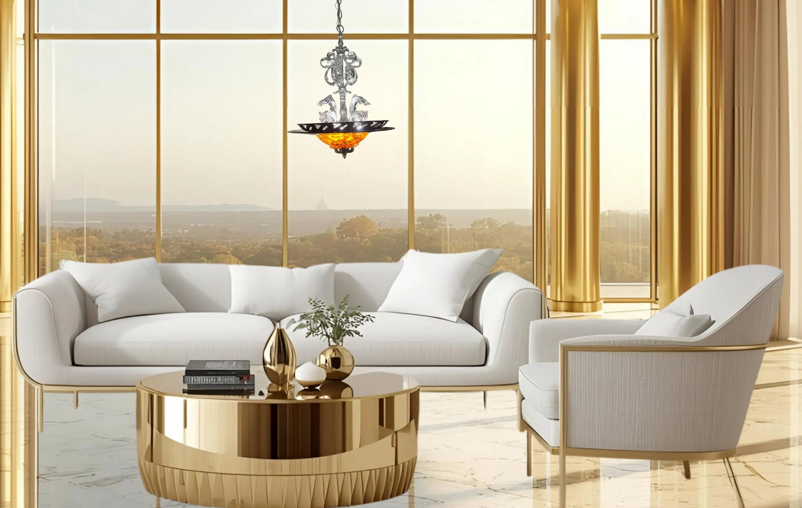 Chrome Tone Scroll Metal 3 Light Chandelier With Tortoise Shell Murano Style Asymmetrical Glass Shad - 3
