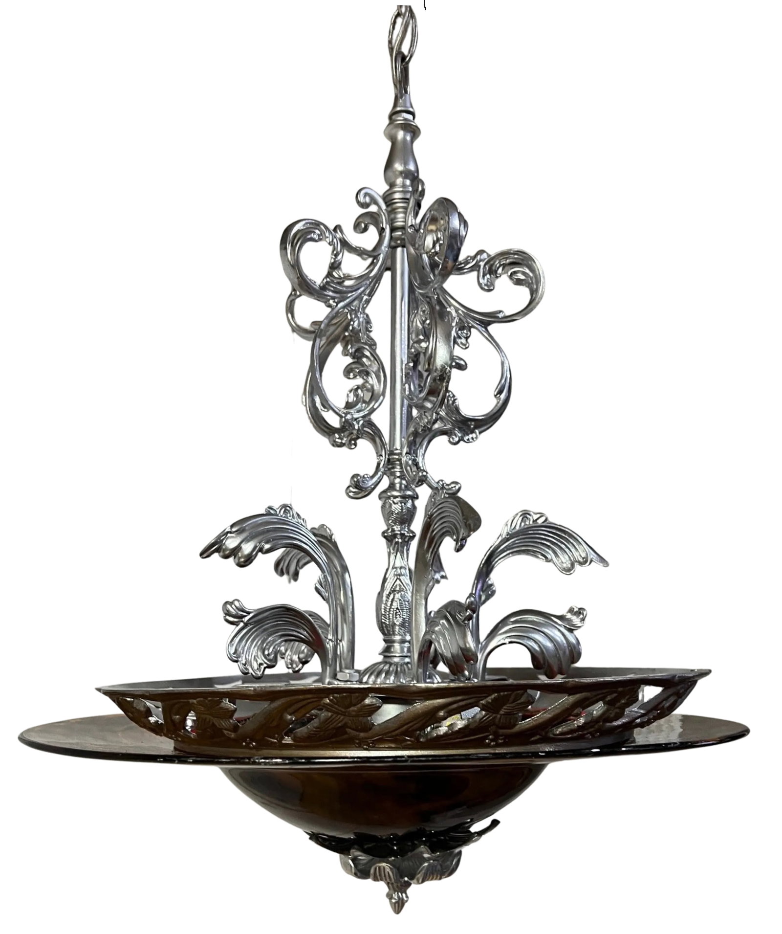 Chrome Tone Scroll Metal 3 Light Chandelier With Tortoise Shell Murano Style Asymmetrical Glass Shad - 4