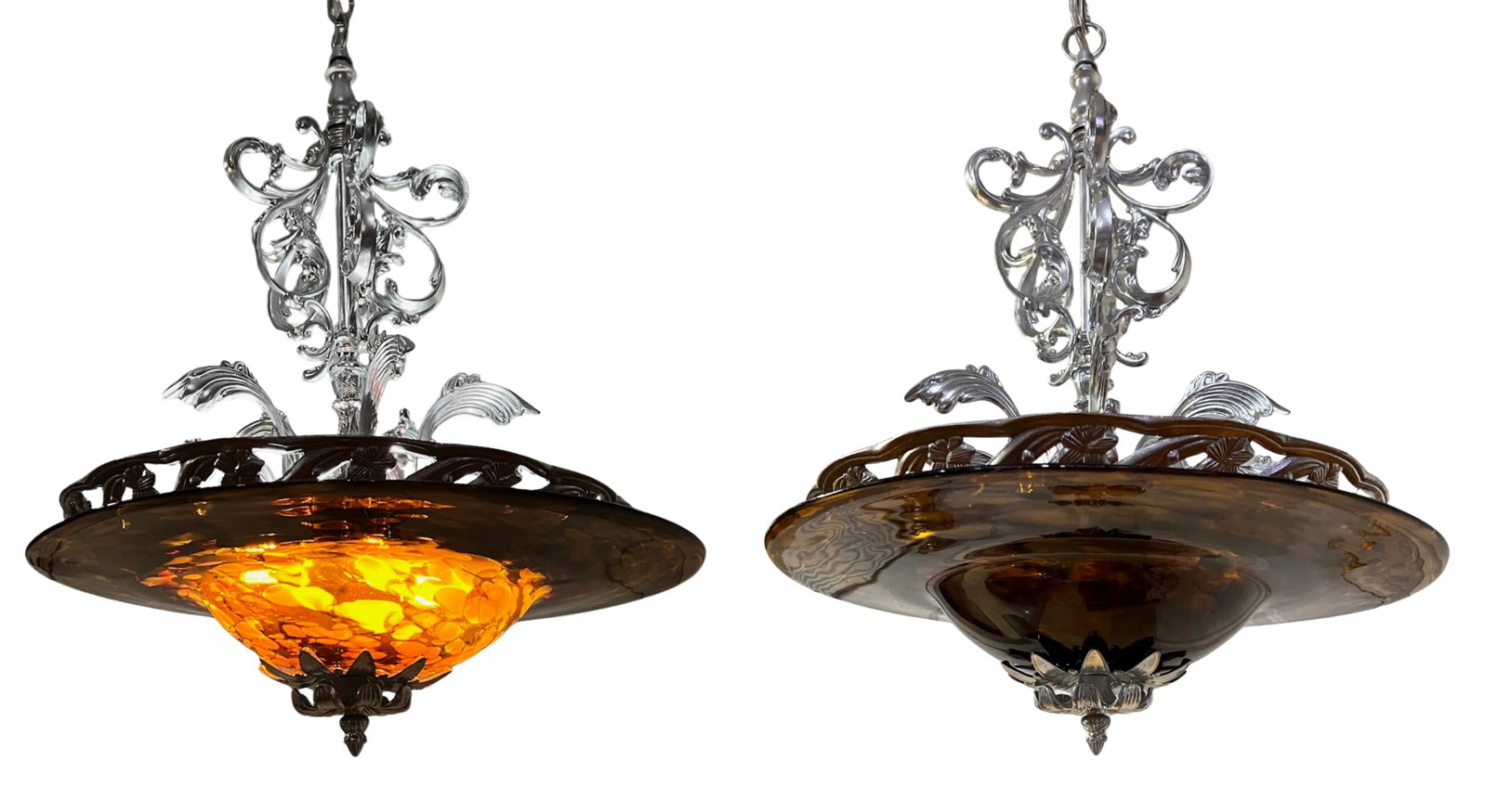 Chrome Tone Scroll Metal 3 Light Chandelier With Tortoise Shell Murano Style Asymmetrical Glass Shad - 6