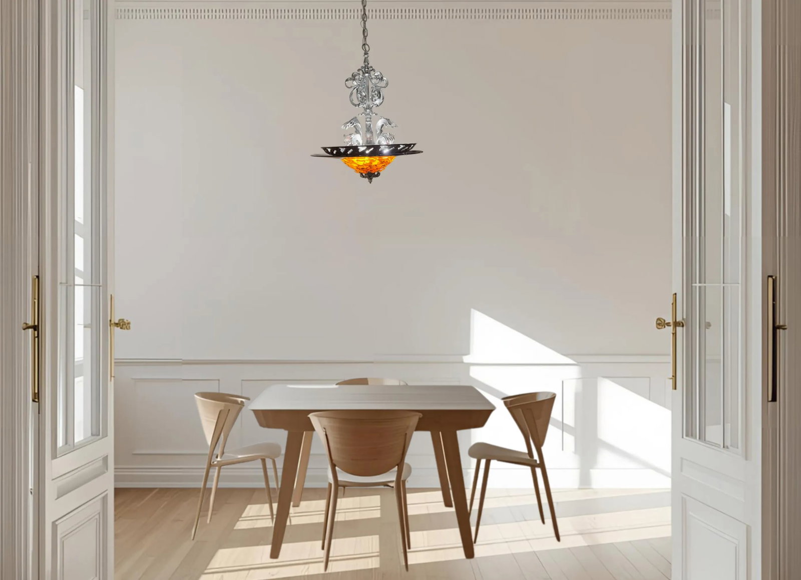 Chrome Tone Scroll Metal 3 Light Chandelier With Tortoise Shell Murano Style Asymmetrical Glass Shad - 7
