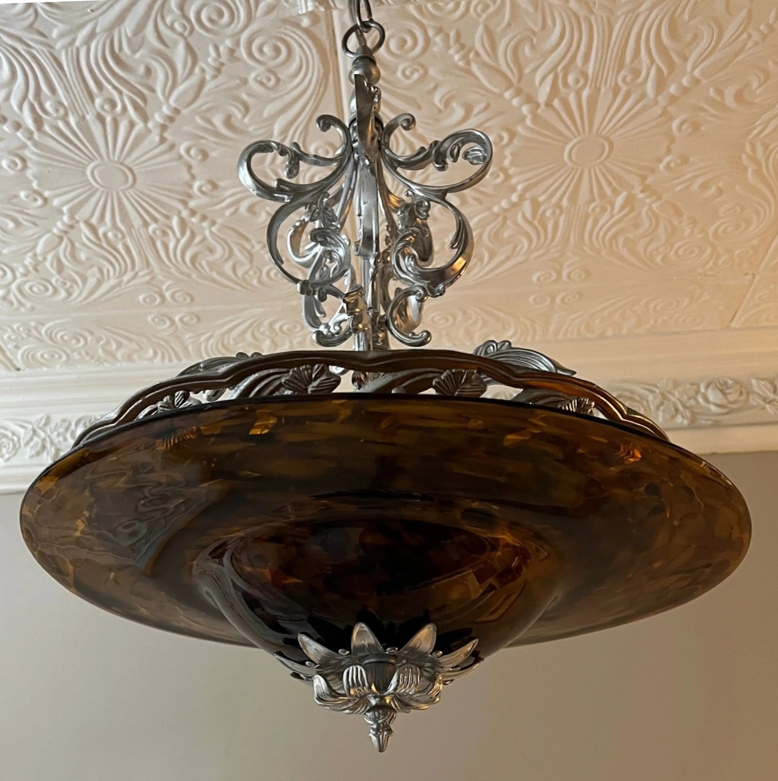 Chrome Tone Scroll Metal 3 Light Chandelier With Tortoise Shell Murano Style Asymmetrical Glass Shad - 8