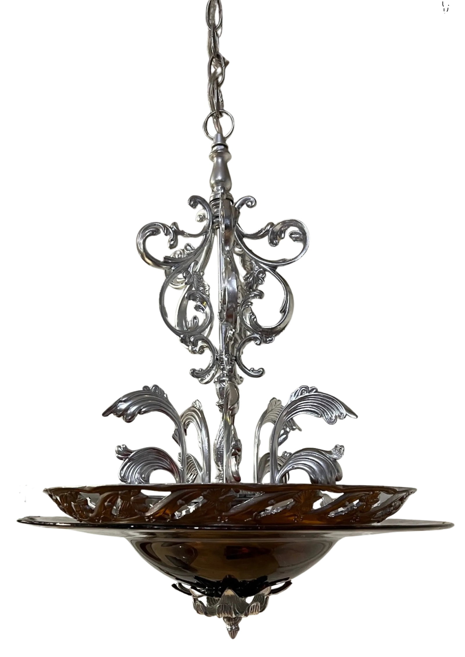 Chrome Tone Scroll Metal 3 Light Chandelier With Tortoise Shell Murano Style Asymmetrical Glass Shad - 9