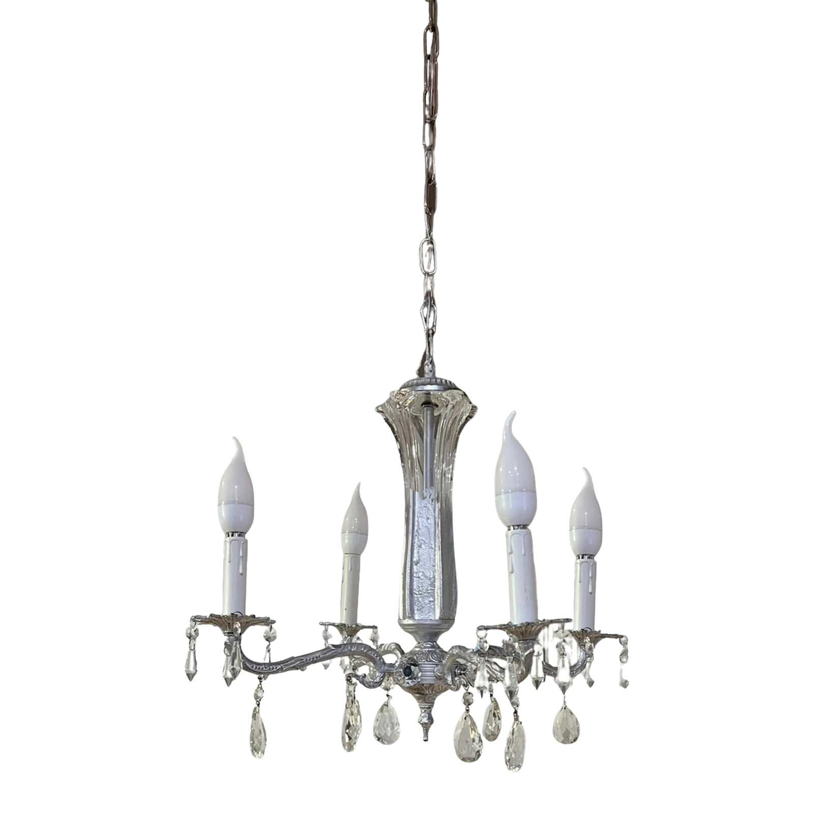 Mid-Century Chrome Tone 4 Light Tone Chandelier With Crystals: This 20-inch by 20-inch chandelier is a masterful assembly of midcentury Spanish chandelier parts, transformed into a transitional art piece that seamlessly blends Rococo, industrial, and mid-century