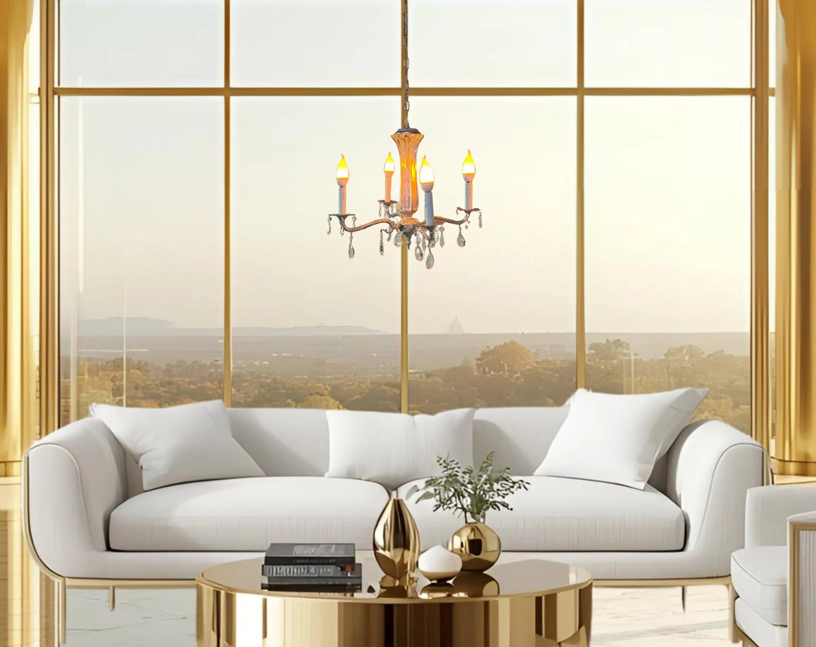 Mid-Century Chrome Tone 4 Light Tone Chandelier With Crystals - 4