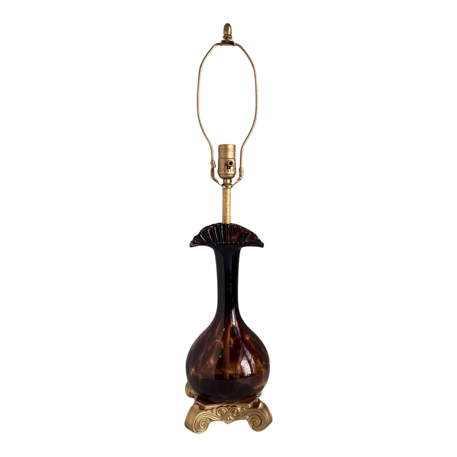 Murano Art Glass Tortoise Shell Pattern Table Lamp: This one-of-a-kind lamp features a hand-blown Murano art glass body in a rich tortoiseshell pattern, blending deep amber and chocolate brown tones with a glossy, translucent finish. The bulbous glass