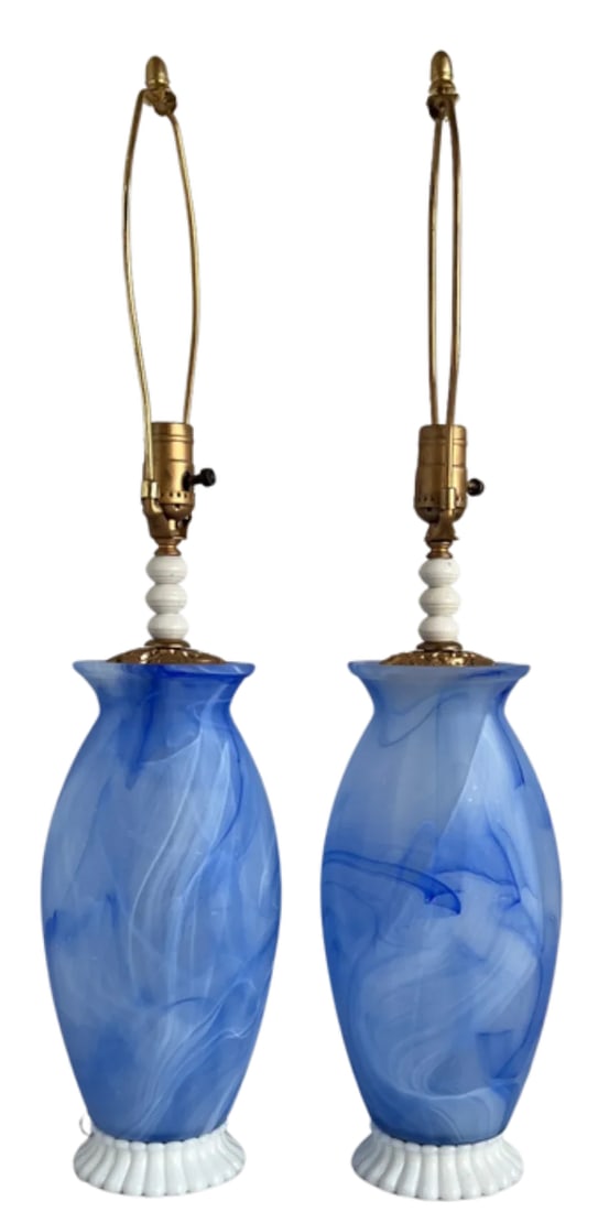 Art Glass Vetreria Swirl Frosted Blue Milk Glass Table Lamps- A Pair - 2
