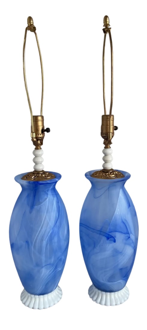Art Glass Vetreria Swirl Frosted Blue Milk Glass Table Lamps- A Pair - 3
