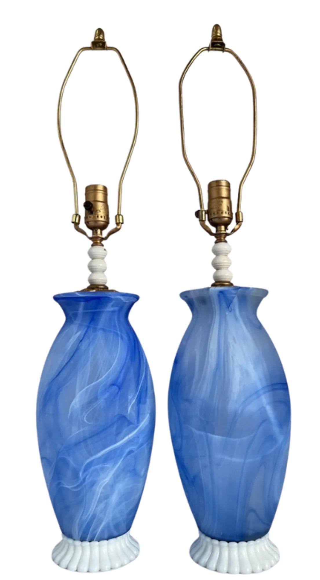 Art Glass Vetreria Swirl Frosted Blue Milk Glass Table Lamps- A Pair - 4