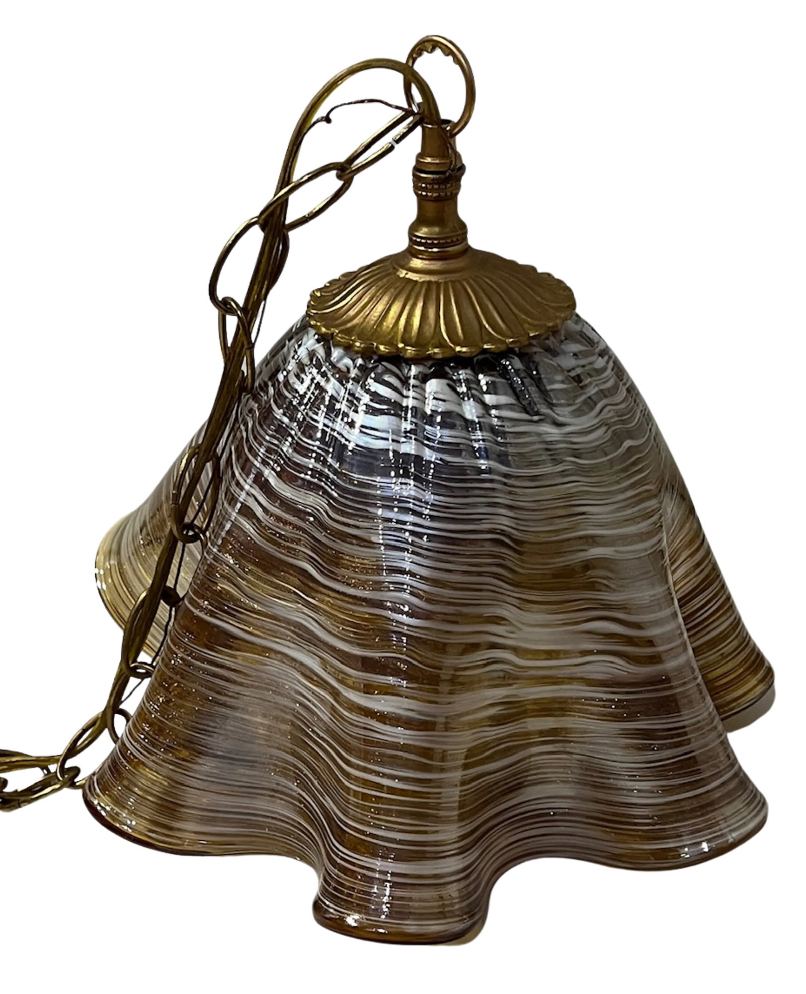Murano Ruffled Amber Brown Striated Art Glass Pendant Light - 16