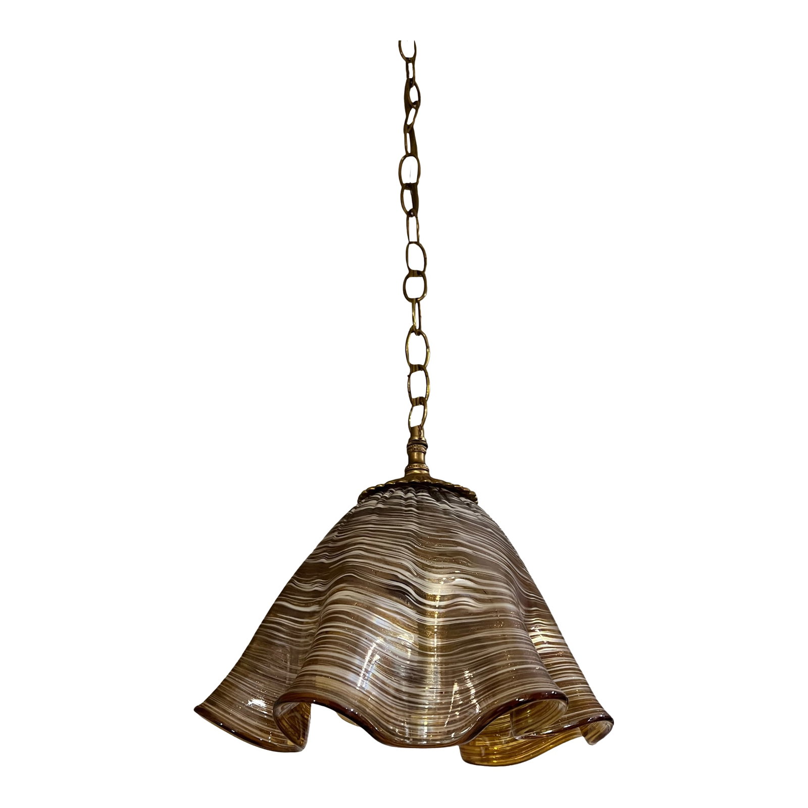 Murano Ruffled Amber Brown Striated Art Glass Pendant Light: This pendant light is a stunning blend of Murano glass craftsmanship and mid-century design, elevated into a unique sculptural form. At its core, the hand-blown Murano glass shade features a graceful,
