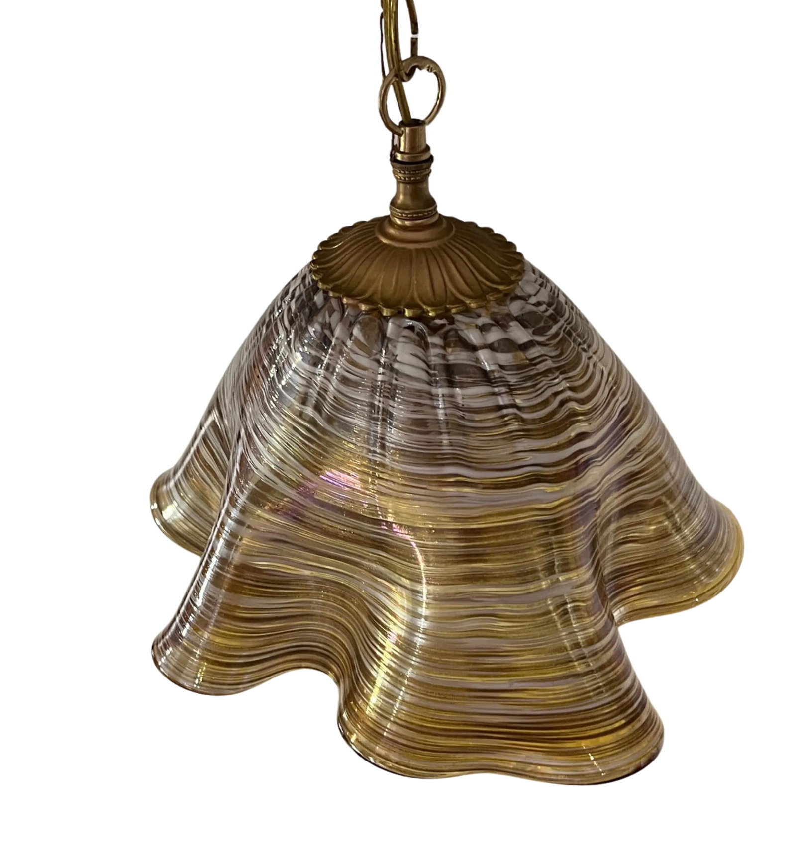 Murano Ruffled Amber Brown Striated Art Glass Pendant Light - 2